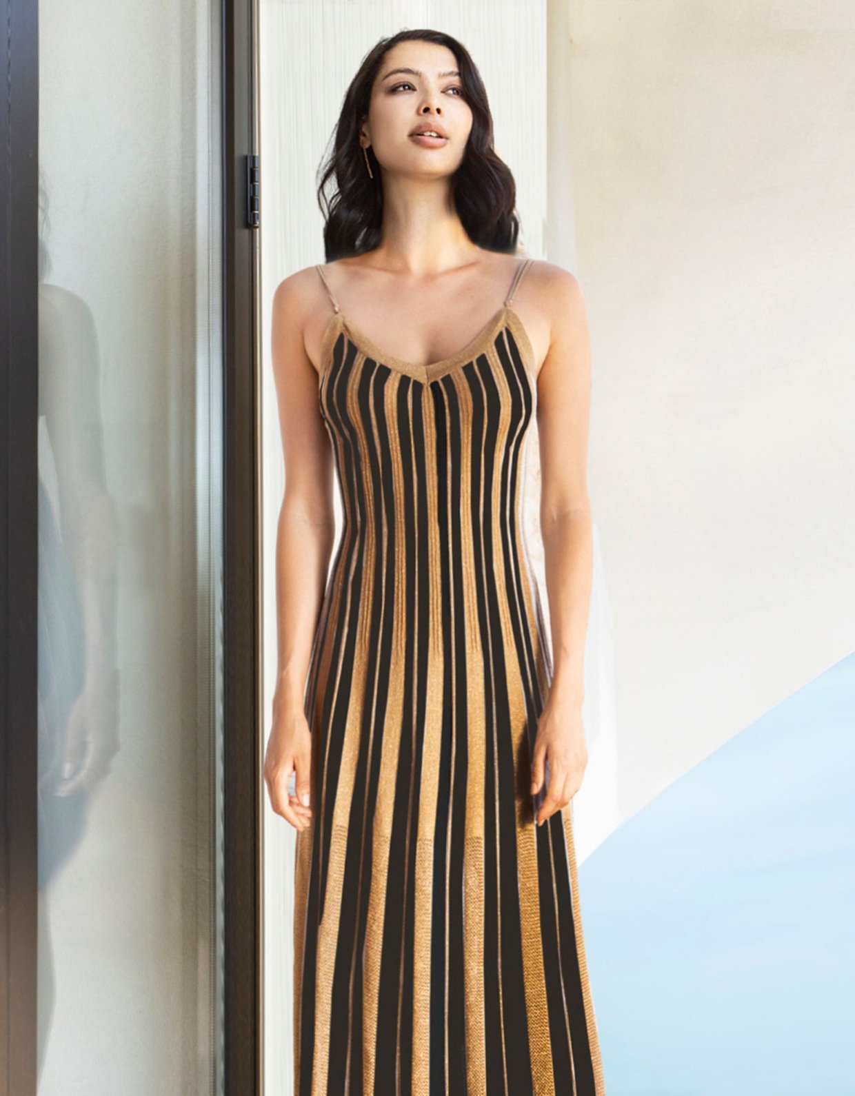 Aggel Knitwear Lurex maxi two tone dress black- tan gold