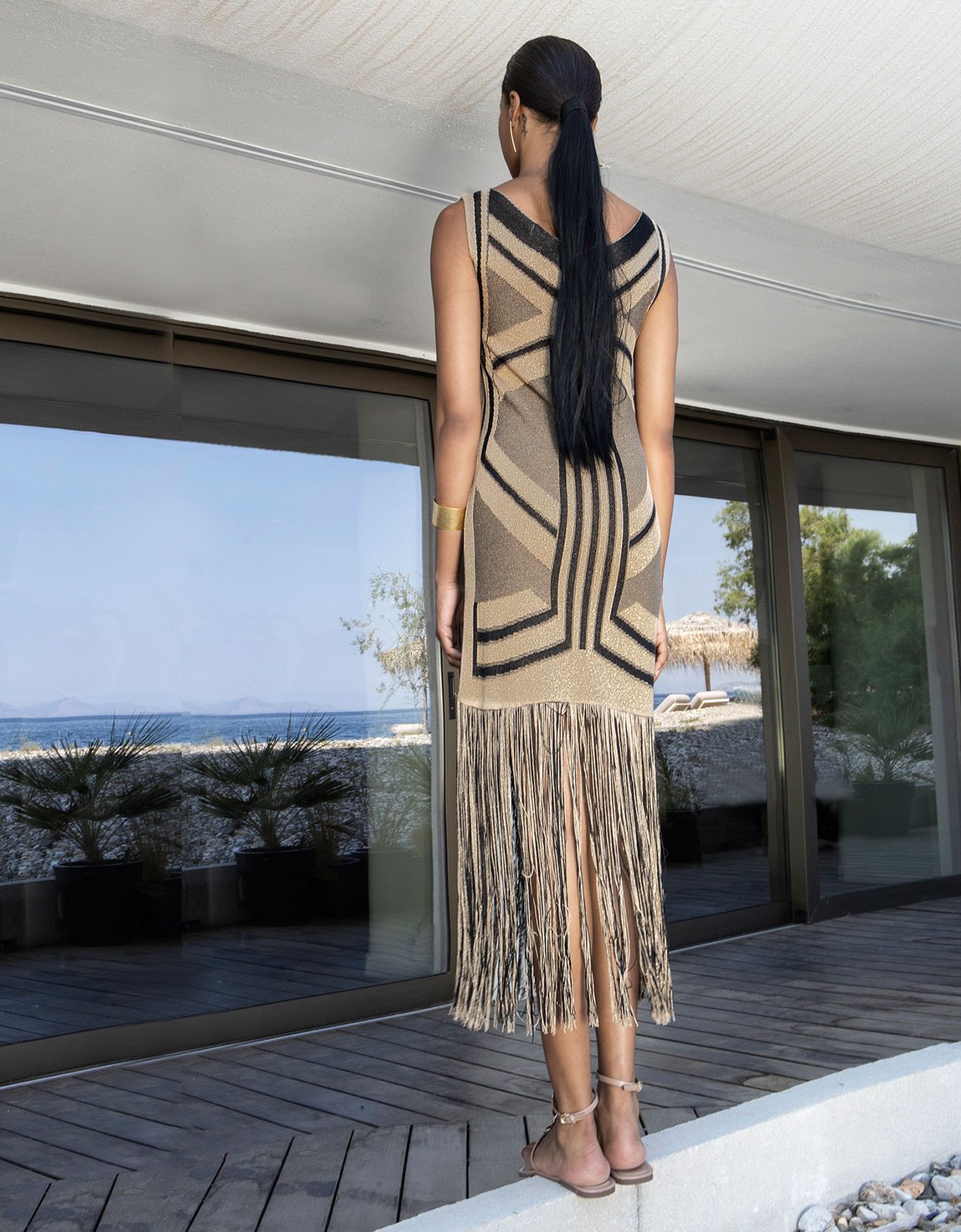 Aggel Knitwear Lurex midi sleeveless knit fringes dress tan gold-black