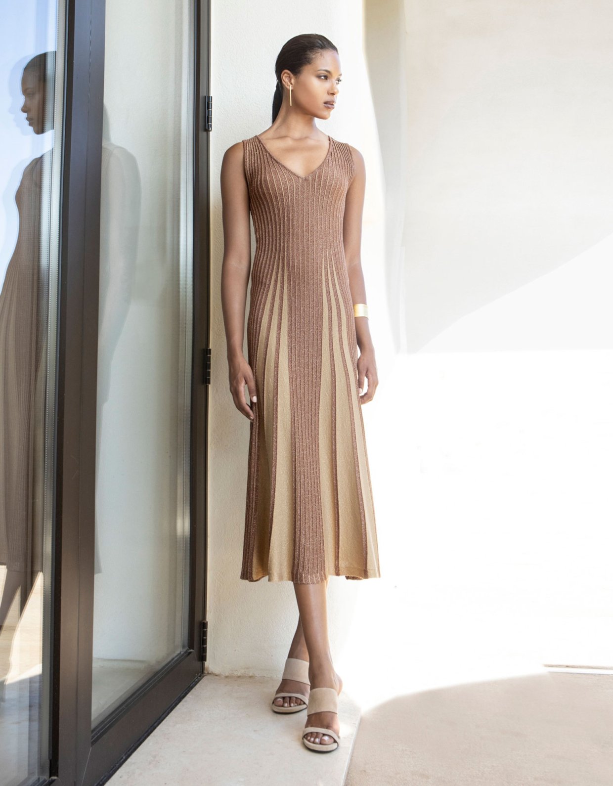 Aggel Knitwear Lurex midi two tone knit dress mocca