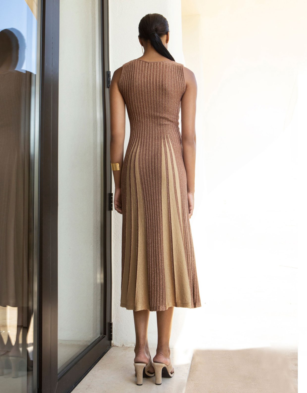 Aggel Knitwear Lurex midi two tone knit dress mocca