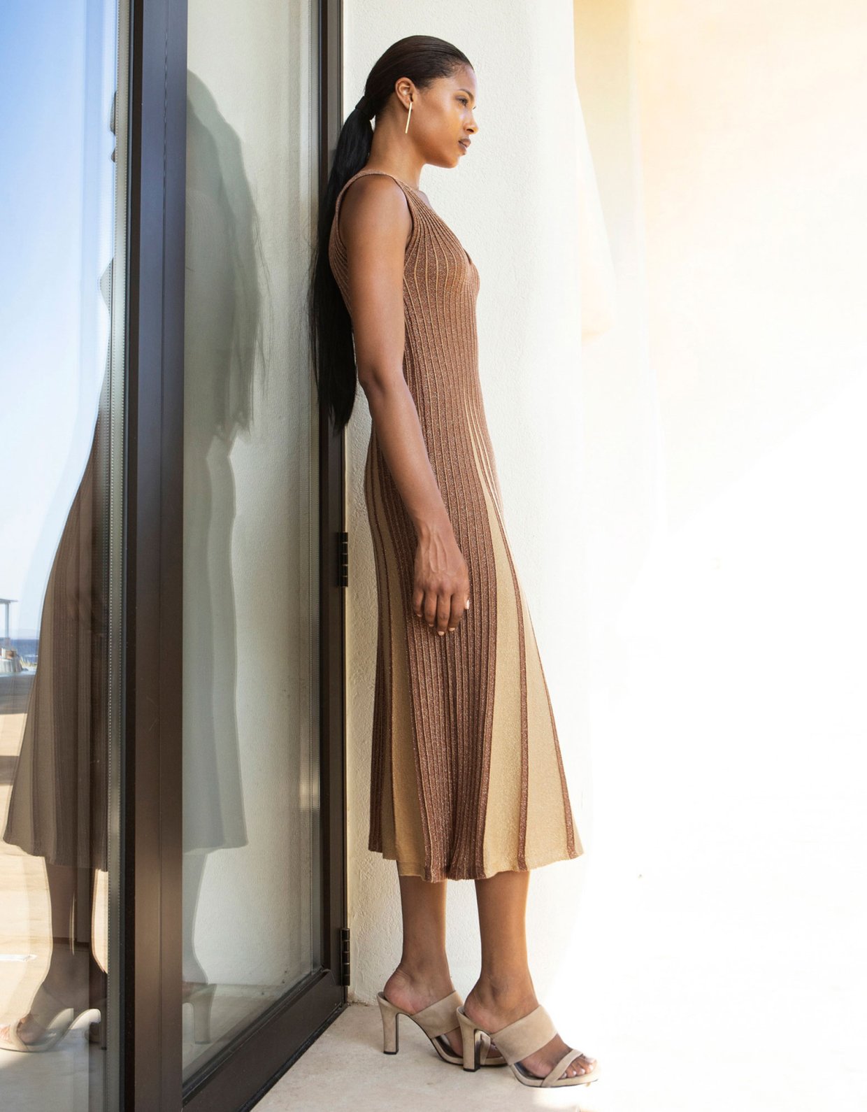 Aggel Knitwear Lurex midi two tone knit dress mocca