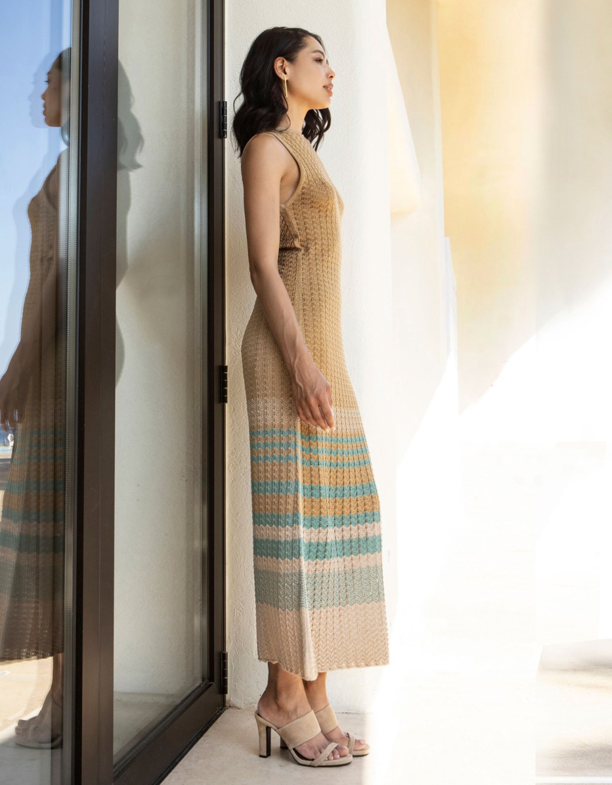 Aggel Knitwear Lurex zig zag maxi dress beige-teal