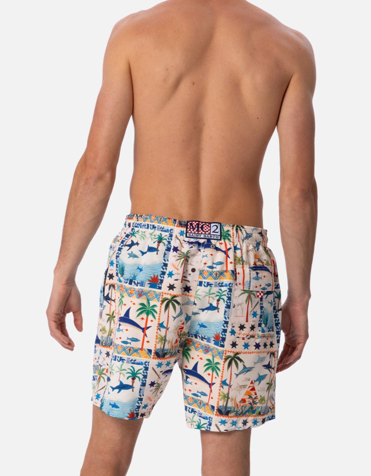 MC2 Saint Barth Man mid-length gustavia swim shorts with Egyptian shark print