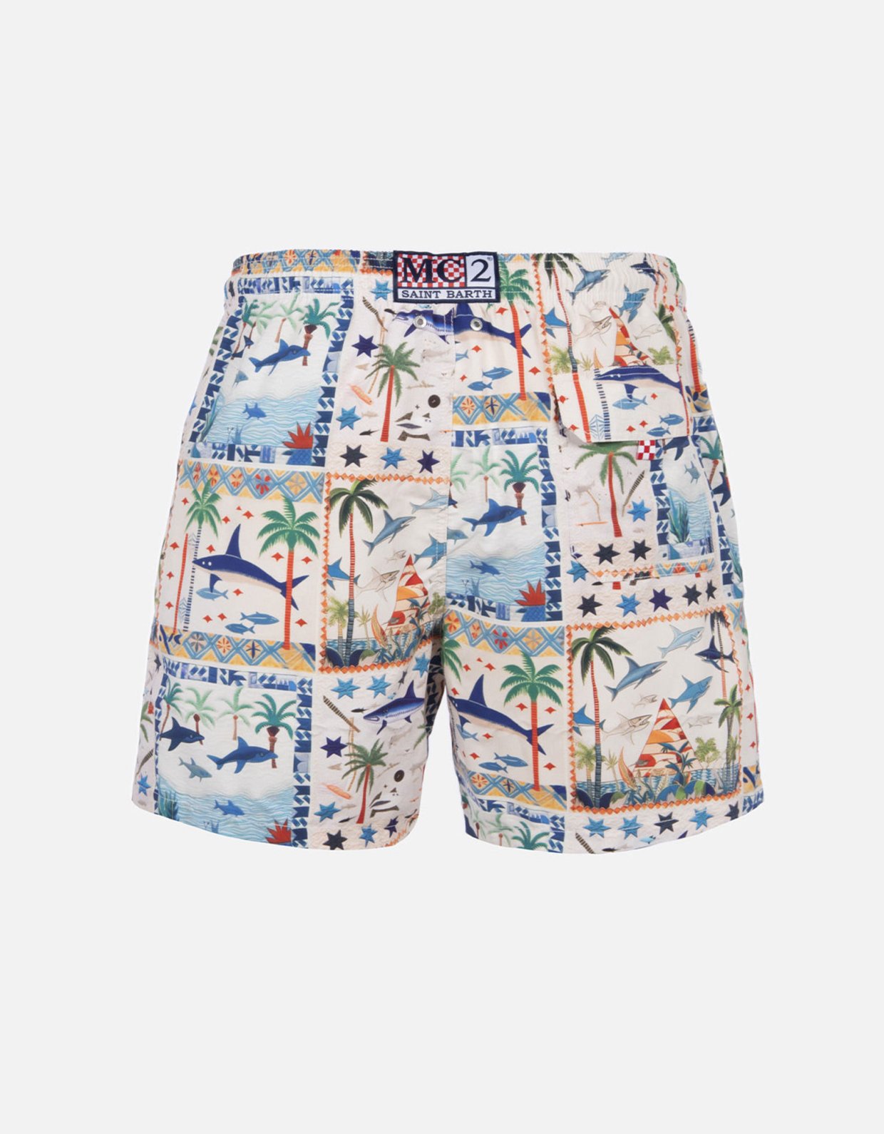MC2 Saint Barth Man mid-length gustavia swim shorts with Egyptian shark print