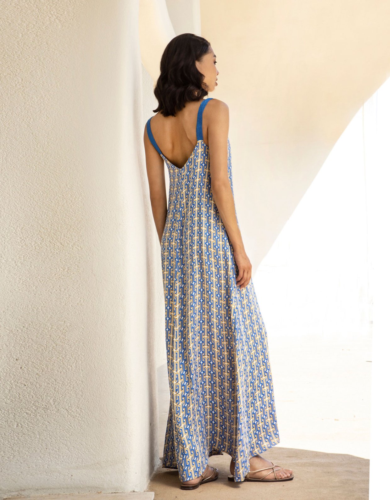 Aggel Knitwear Maxi printed satin dress royal blue-gold