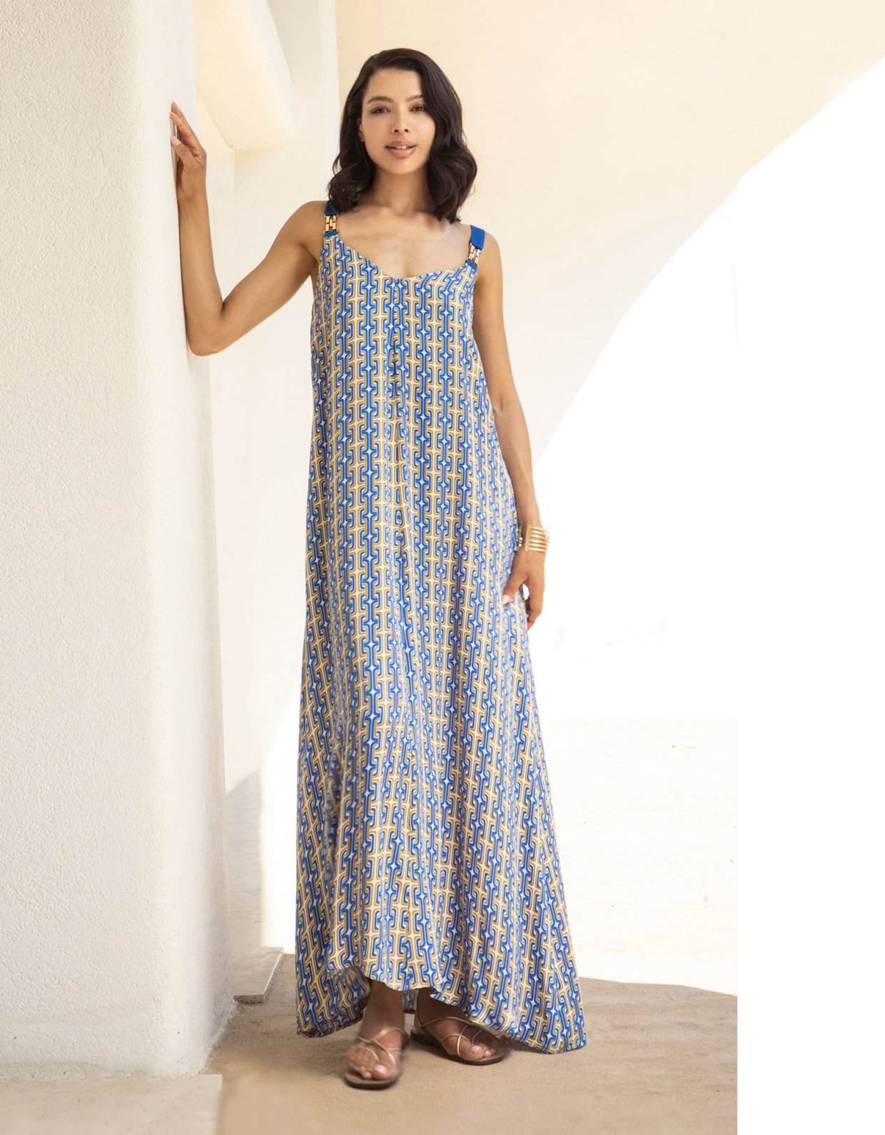 Aggel Knitwear Maxi printed satin dress royal blue-gold