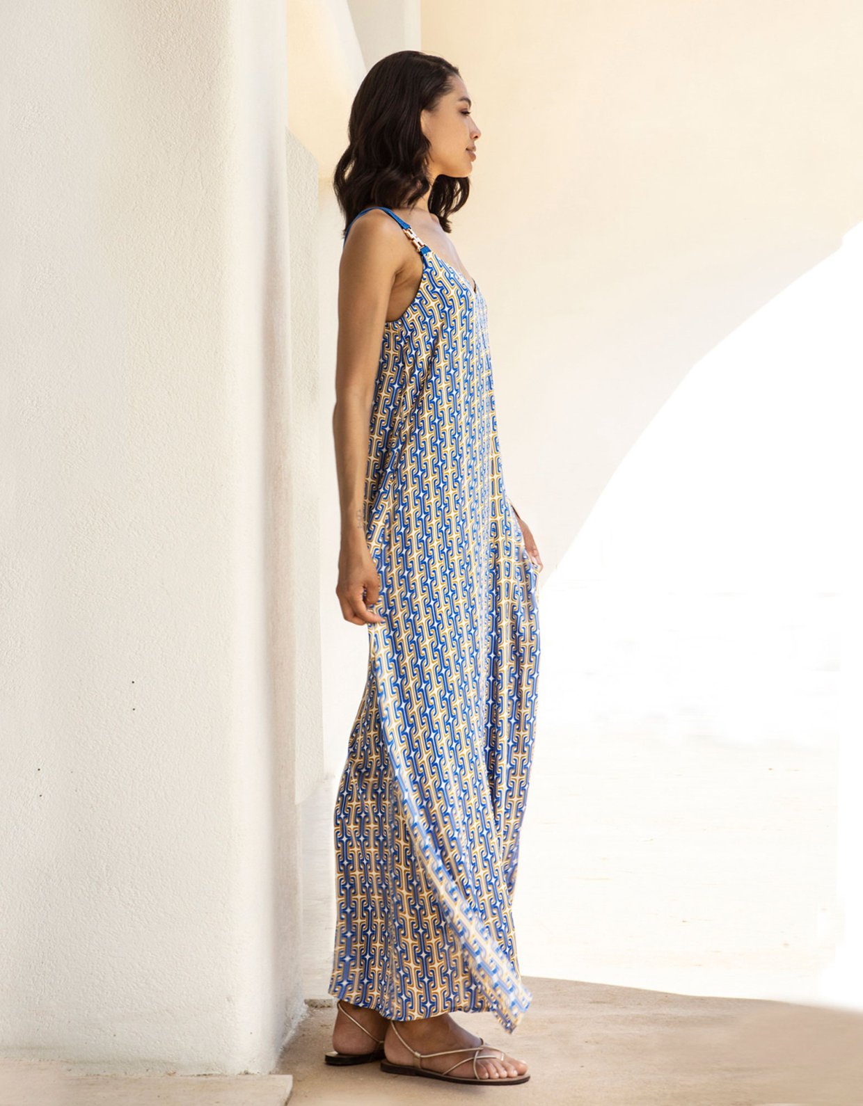 Aggel Knitwear Maxi printed satin dress royal blue-gold
