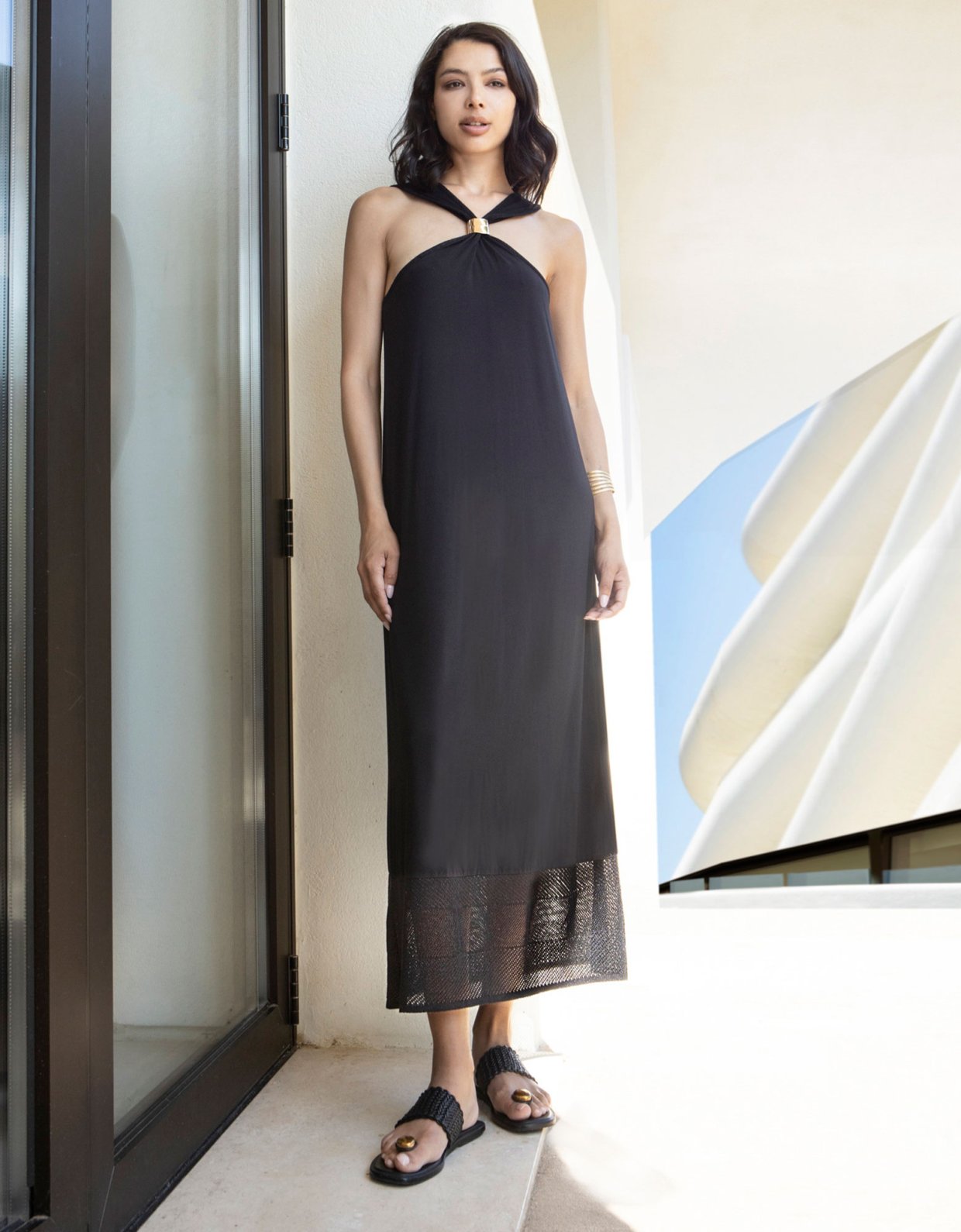 Aggel Knitwear Midi jersey halter neck dress black