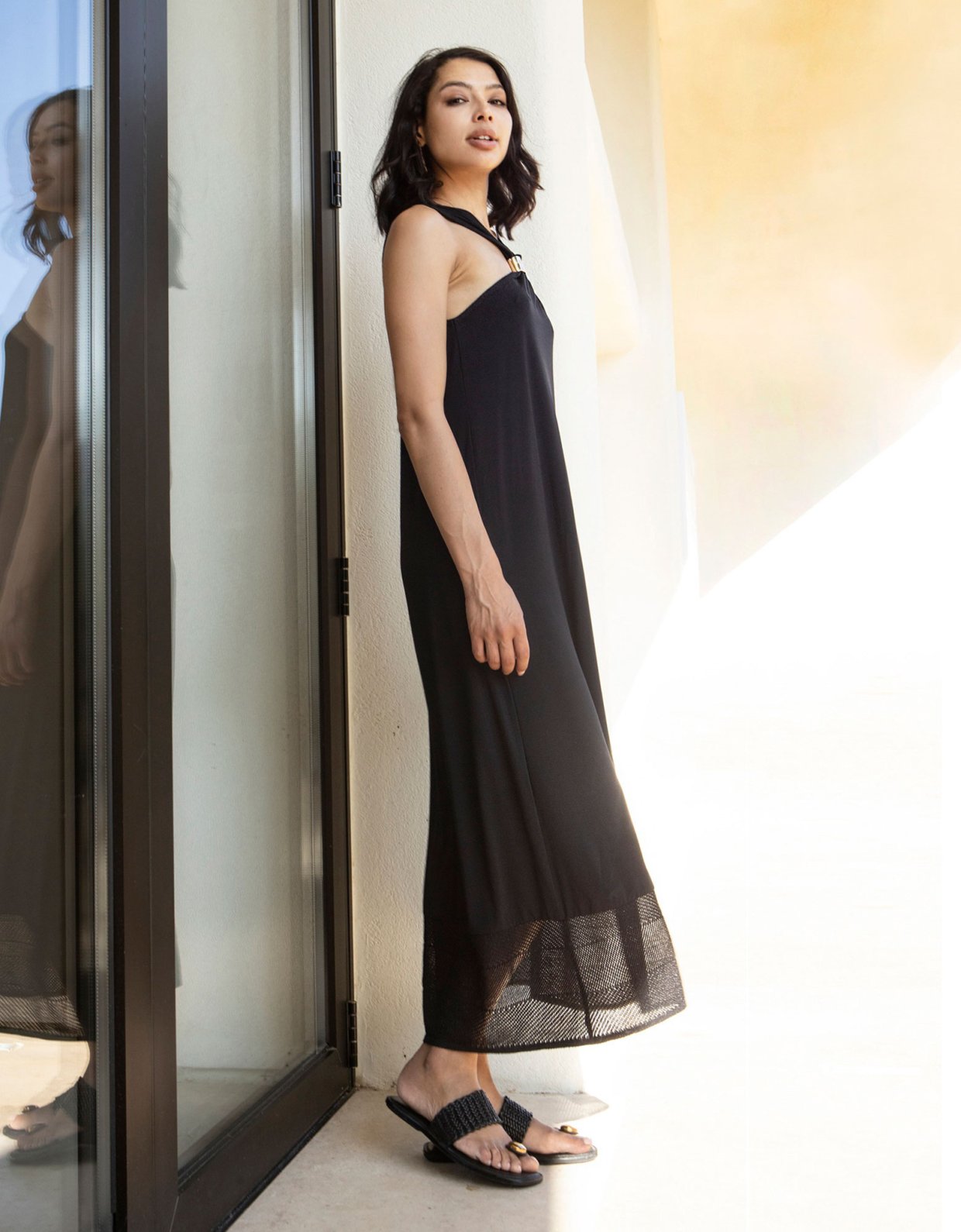 Aggel Knitwear Midi jersey halter neck dress black