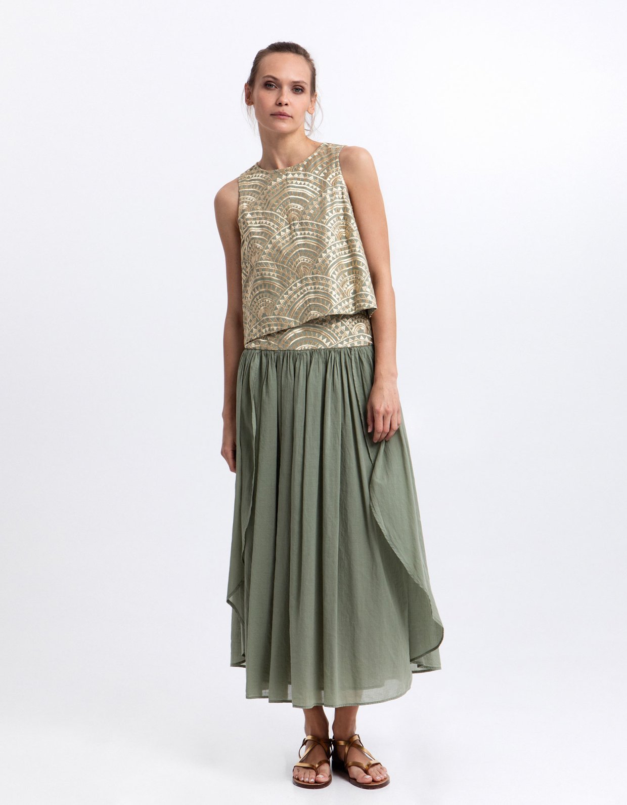 Greek Archaic Kori New triangle long skirt sage-gold
