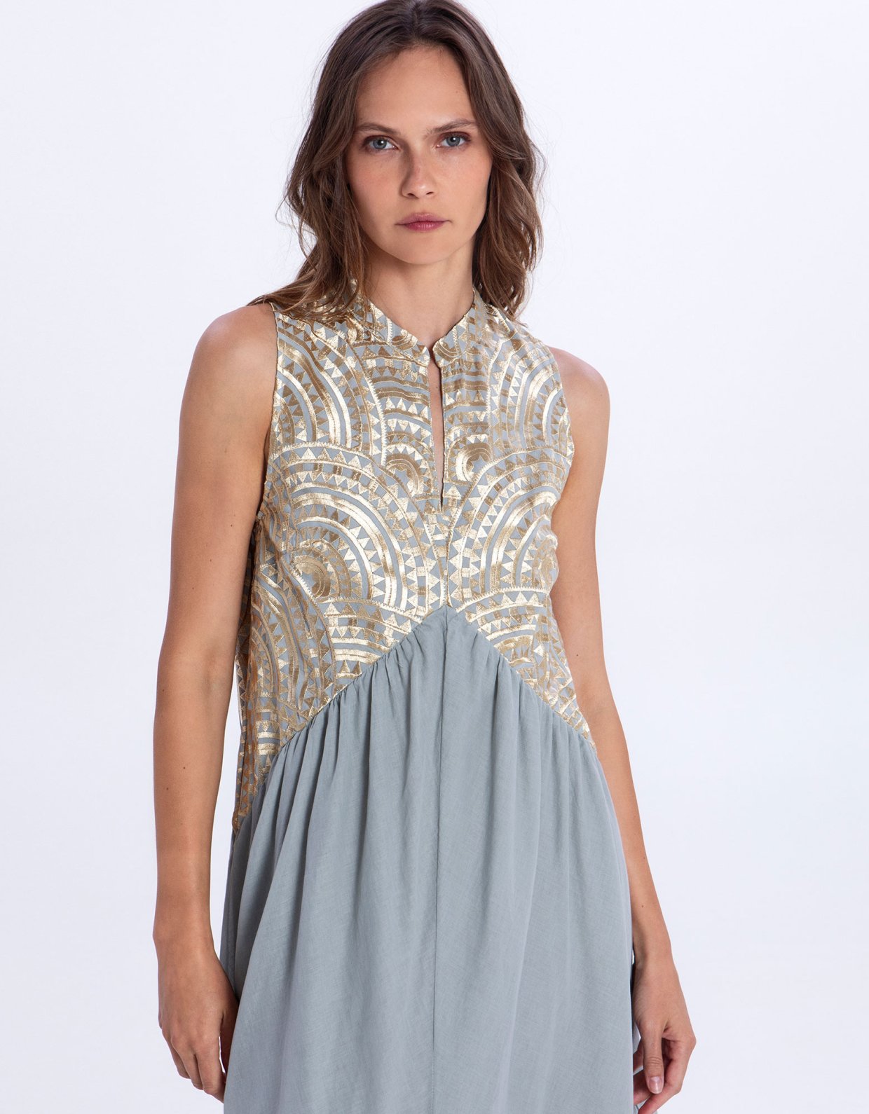 Greek Archaic Kori New triangle long sleeveless dress stone-gold