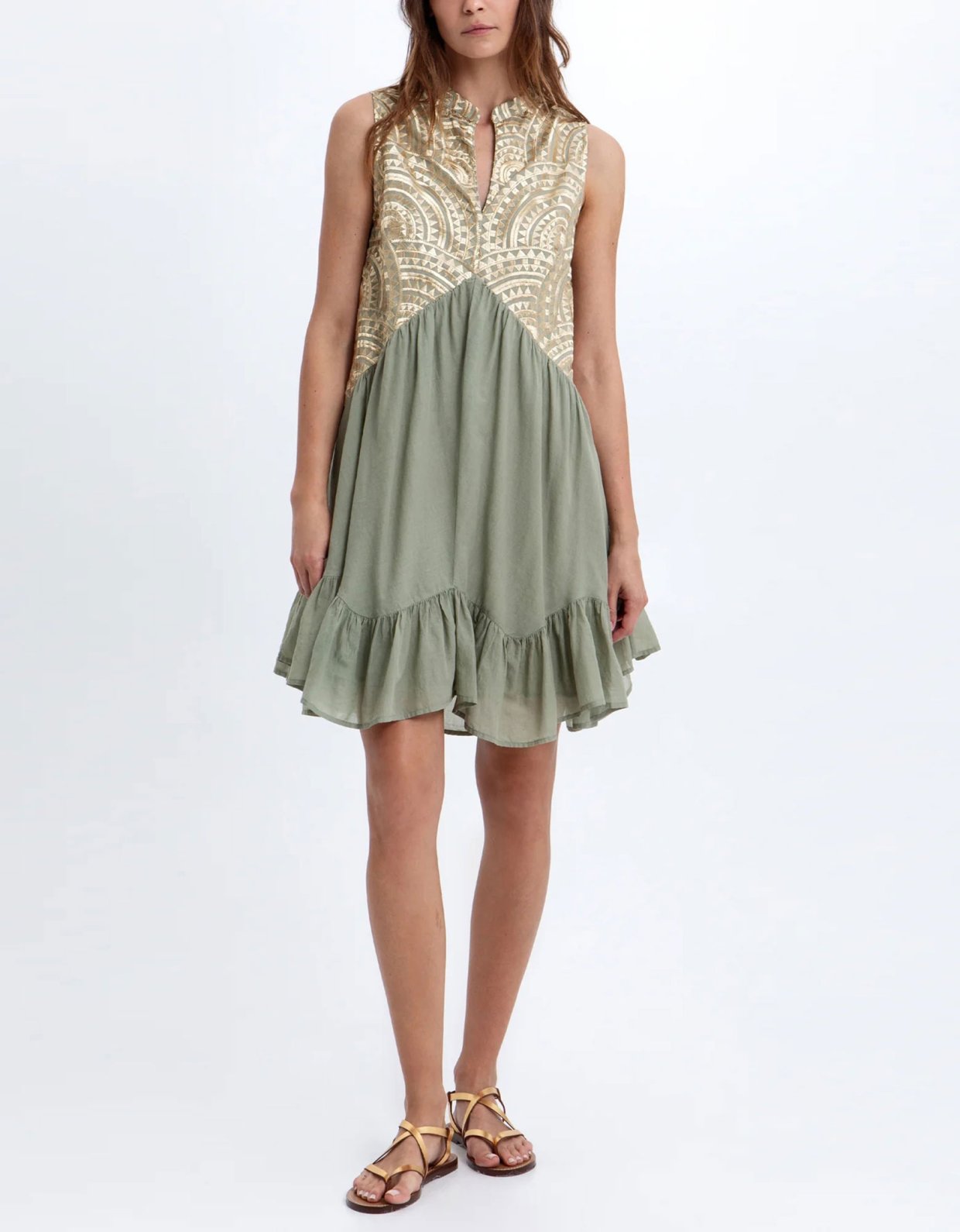 Greek Archaic Kori New triangle mini sleeveless dress sage-gold