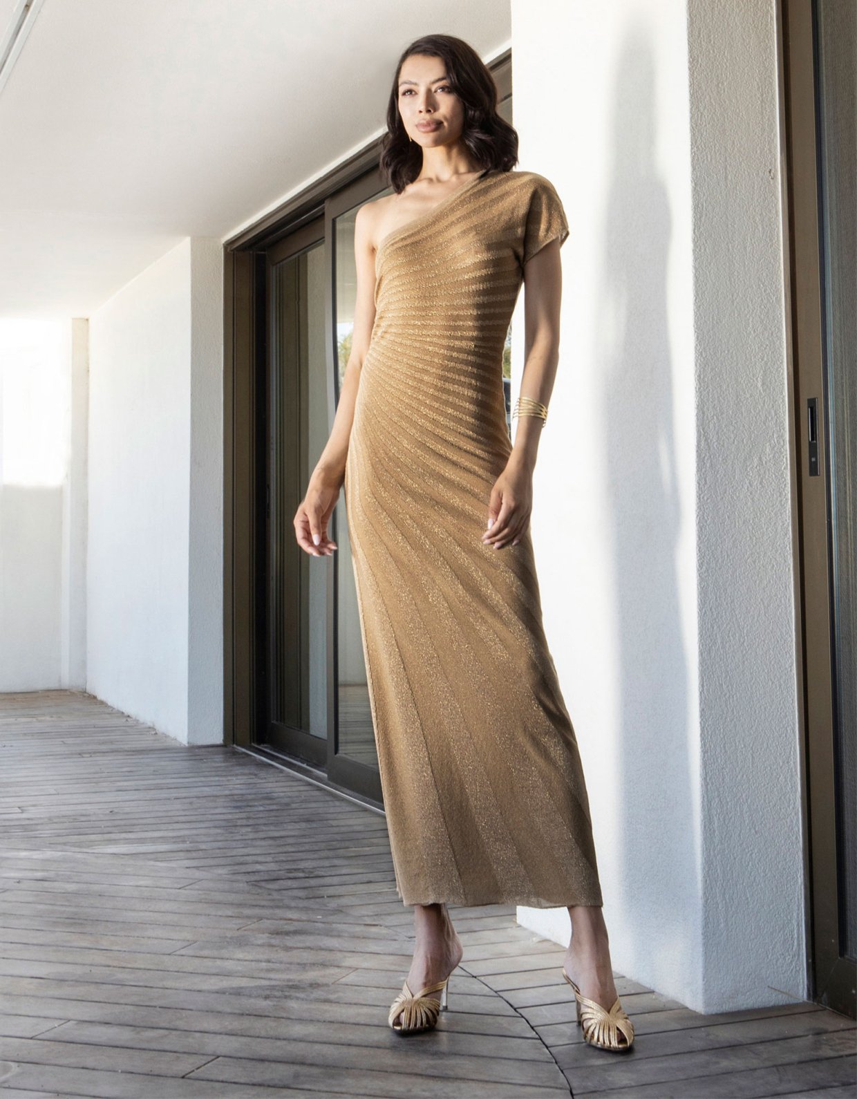 Aggel Knitwear One shoulder lurex knit maxi dress tan gold