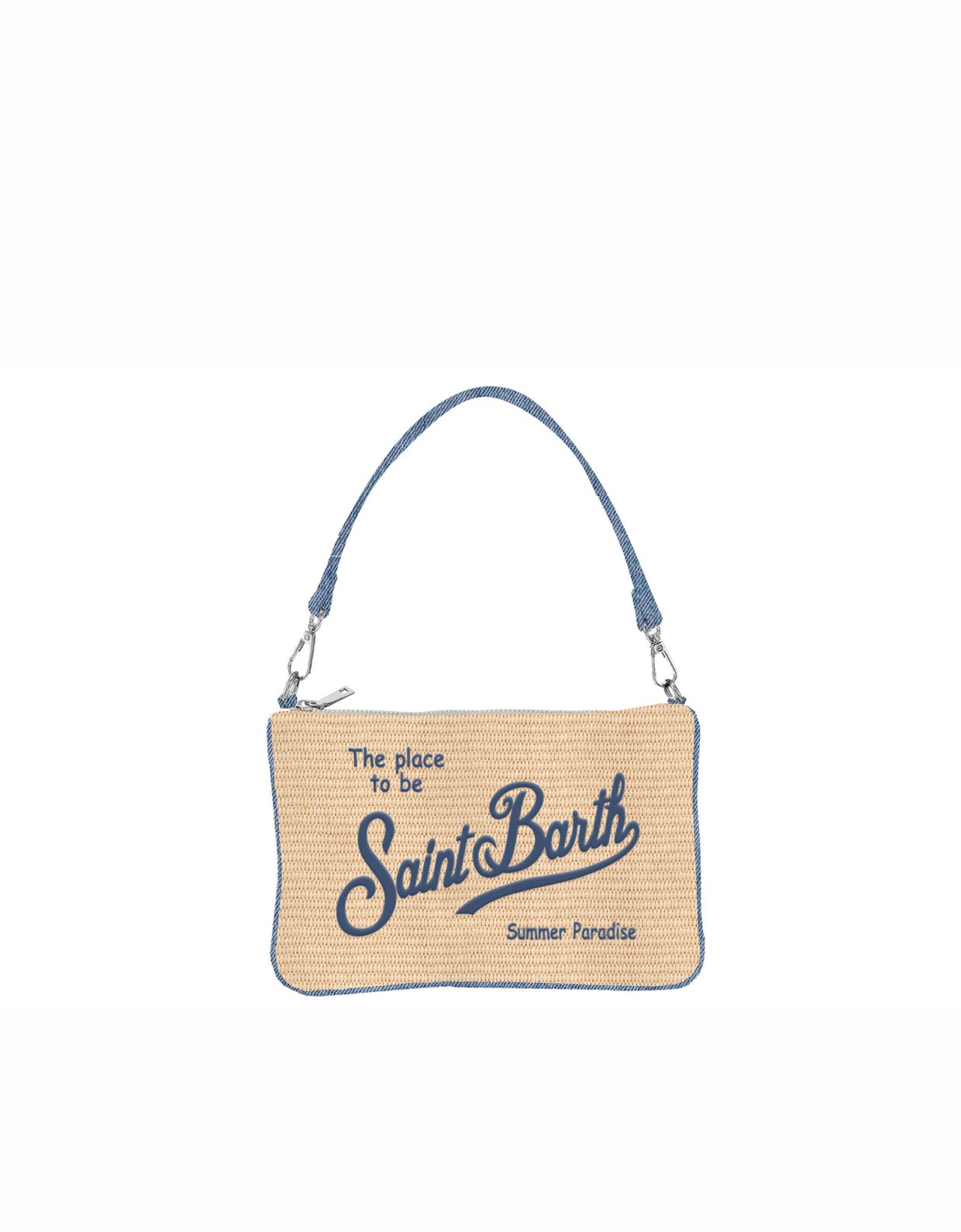 MC2 Saint Barth Parisienne straw effect denim mini pouch bag with embroidered logo