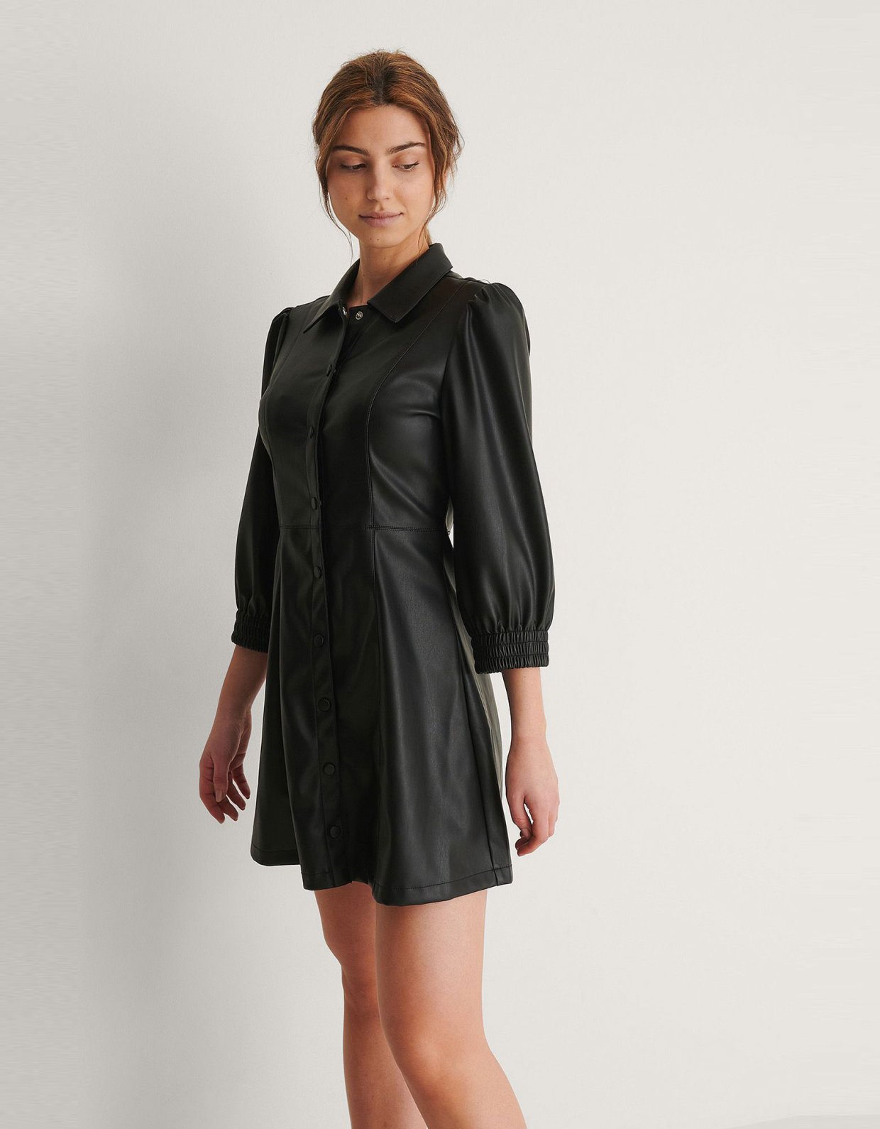 NA-KD Puff sleeve faux leather mini dress black