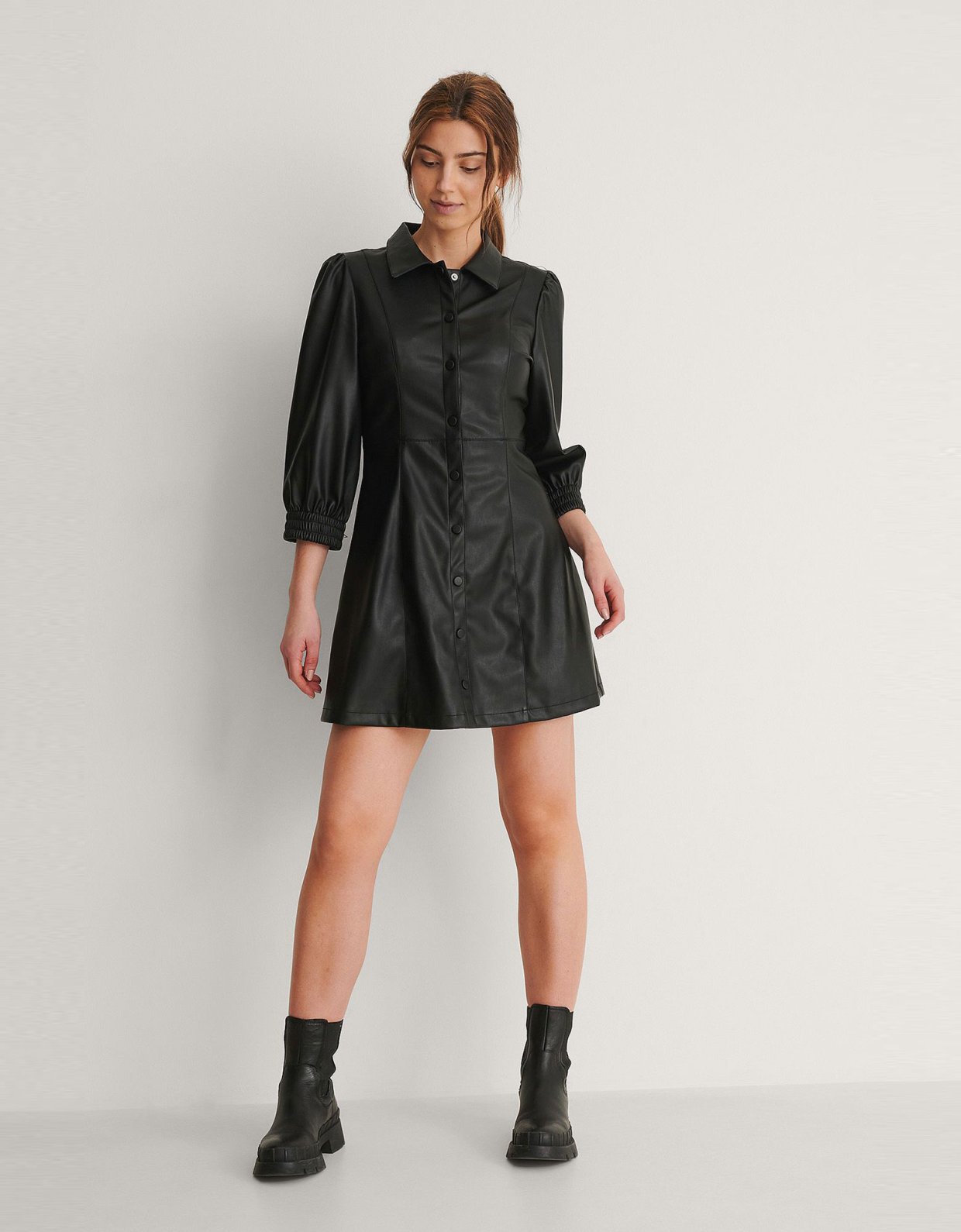 NA-KD Puff sleeve faux leather mini dress black