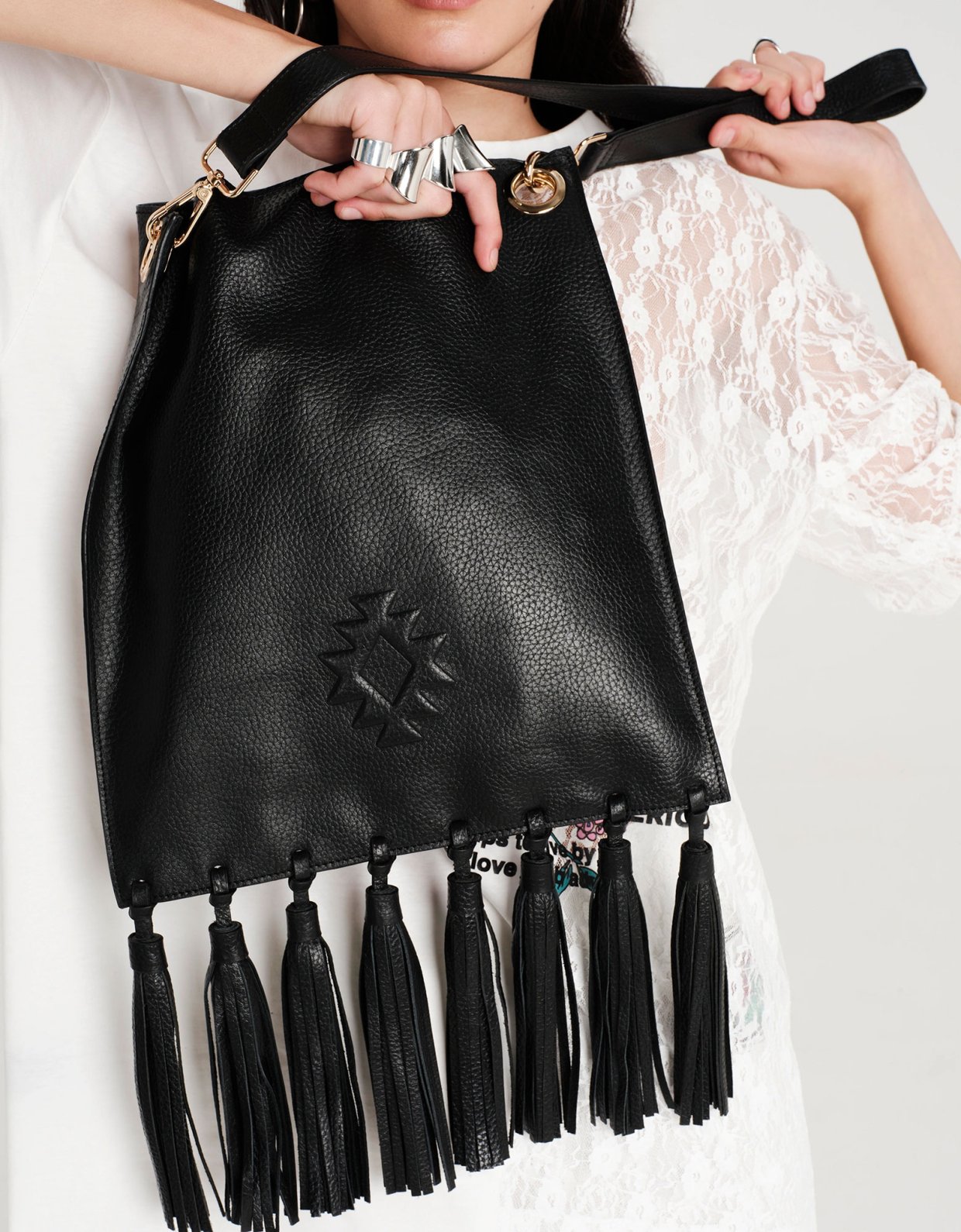 Peace and Chaos Karma tassel tote bag black