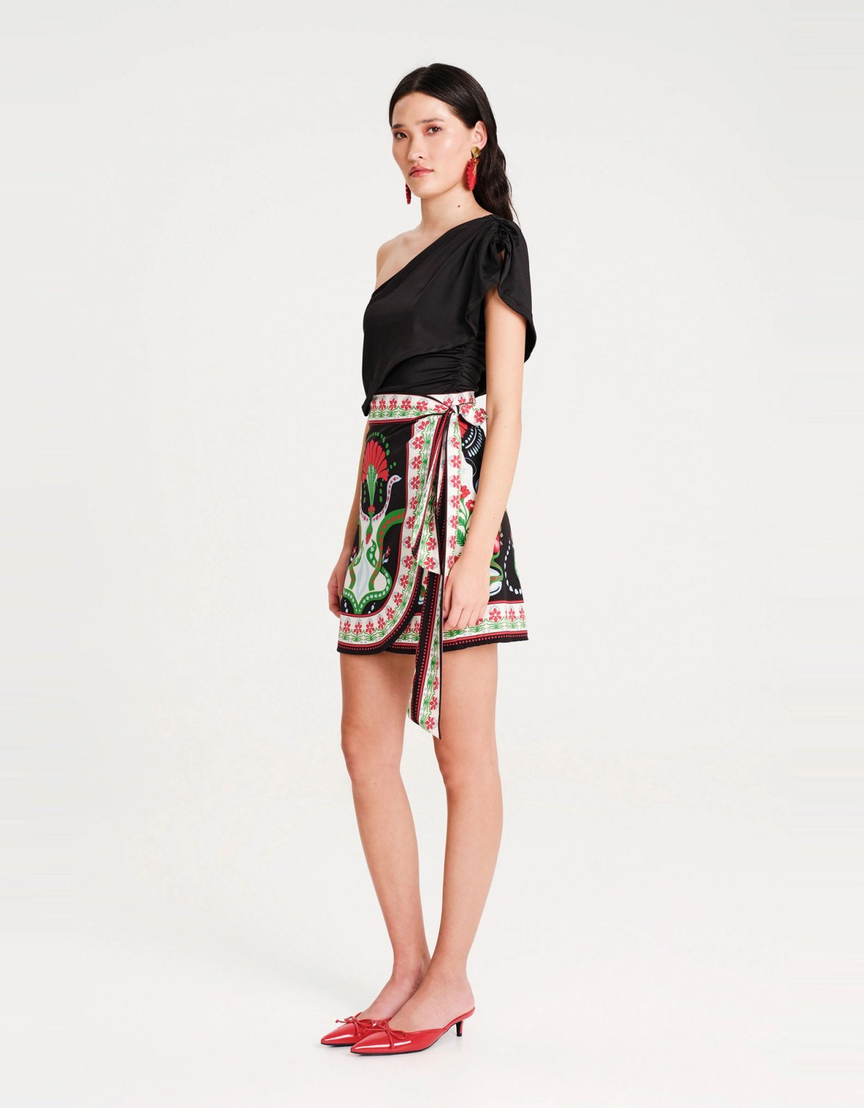 Peace and Chaos Pomegranate wrap mini skirt