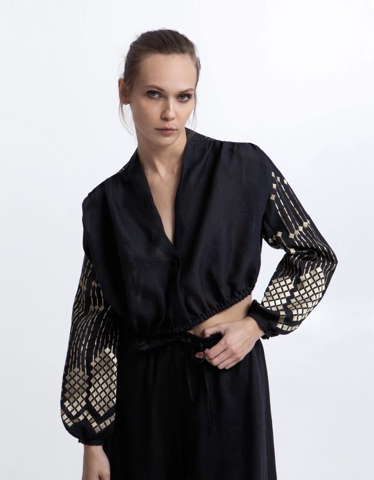 Greek Archaic Kori Grape crop blouse black-gold