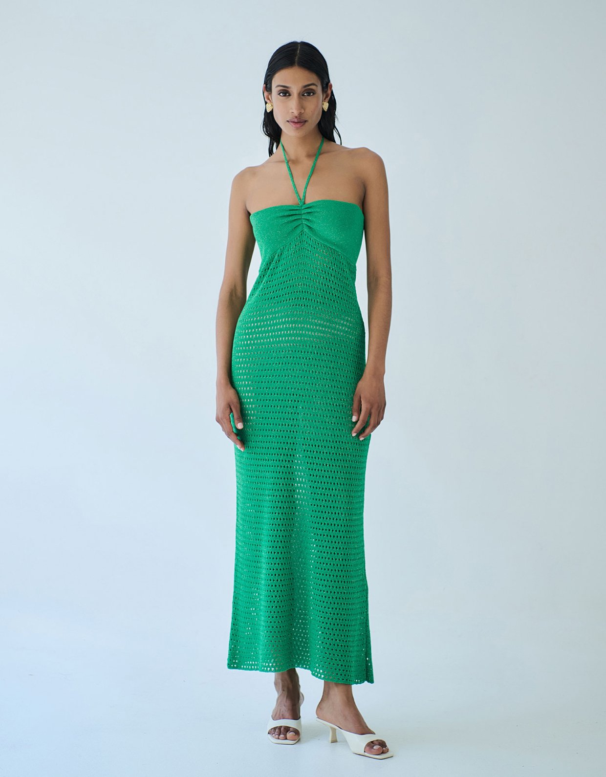 Combos Knitwear Neck tie maxi lurex dress green