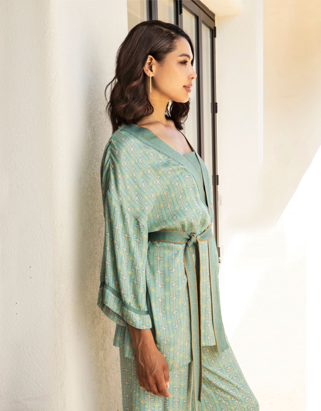Aggel Knitwear Satin printed kimono teal-aqua