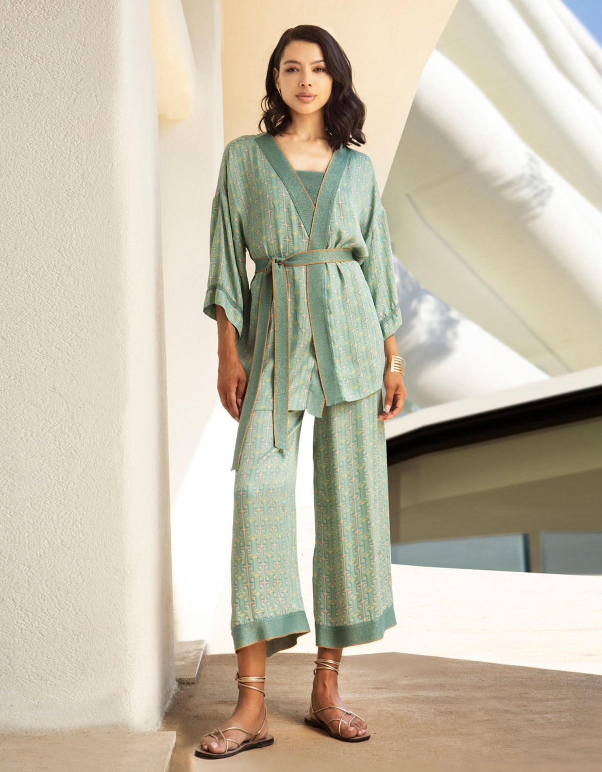 Aggel Knitwear Satin printed kimono teal-aqua