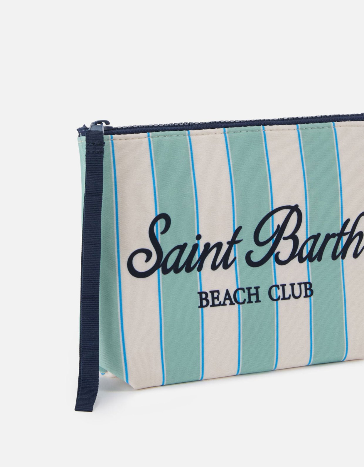 MC2 Saint Barth Aline scuba pouch with mint green stripes and beach club logo