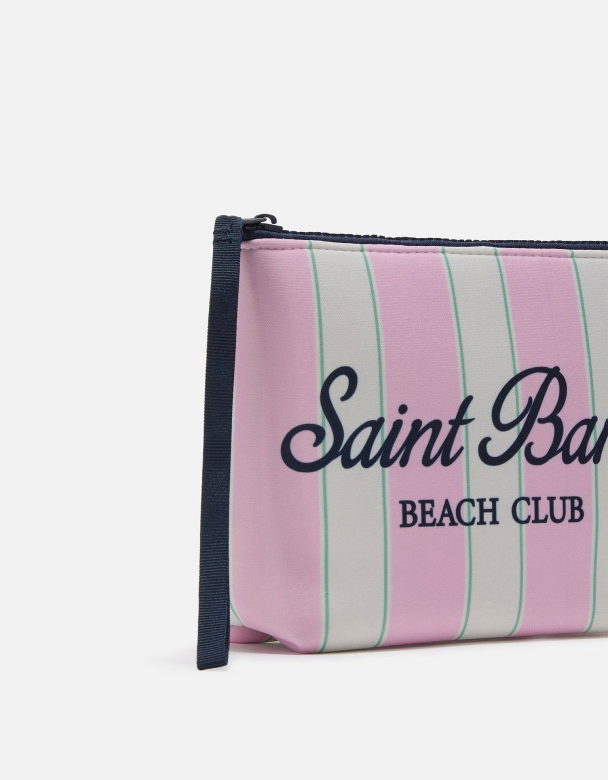 MC2 Saint Barth Aline scuba pouch with pink and green striped print and beach club logo