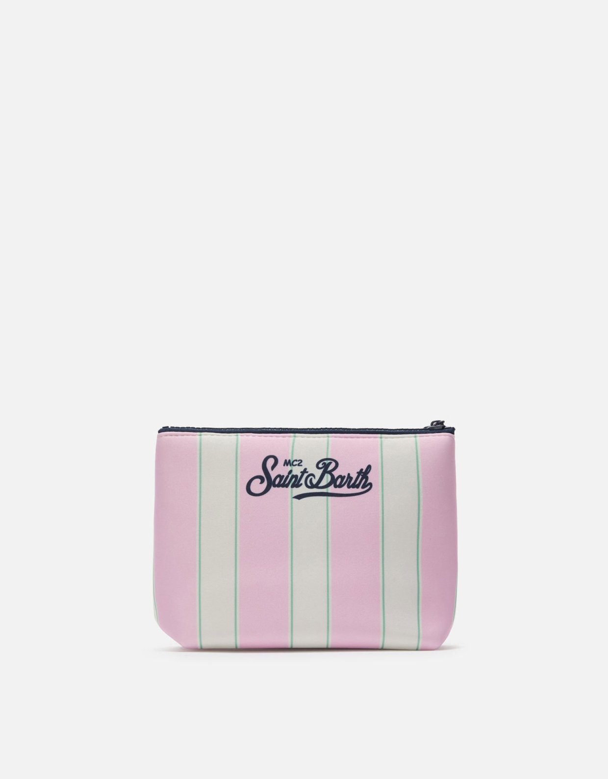 MC2 Saint Barth Aline scuba pouch with pink and green striped print and beach club logo