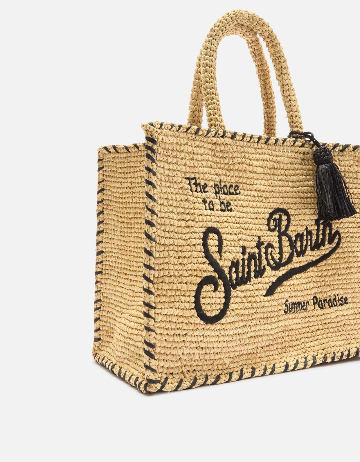MC2 Saint Barth Colette raffia bag with embroidered logo and black contrast trim