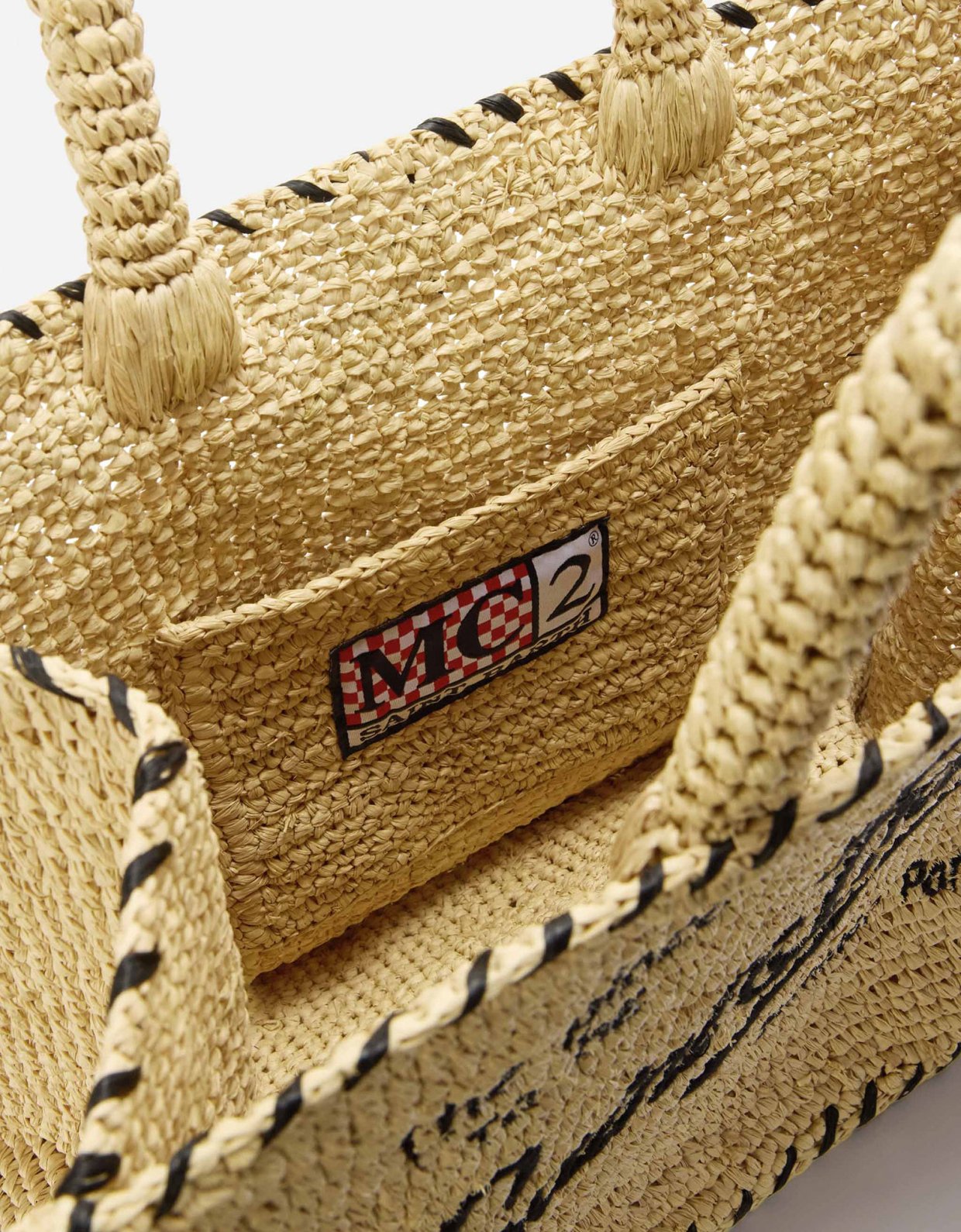 MC2 Saint Barth Colette raffia bag with embroidered logo and black contrast trim