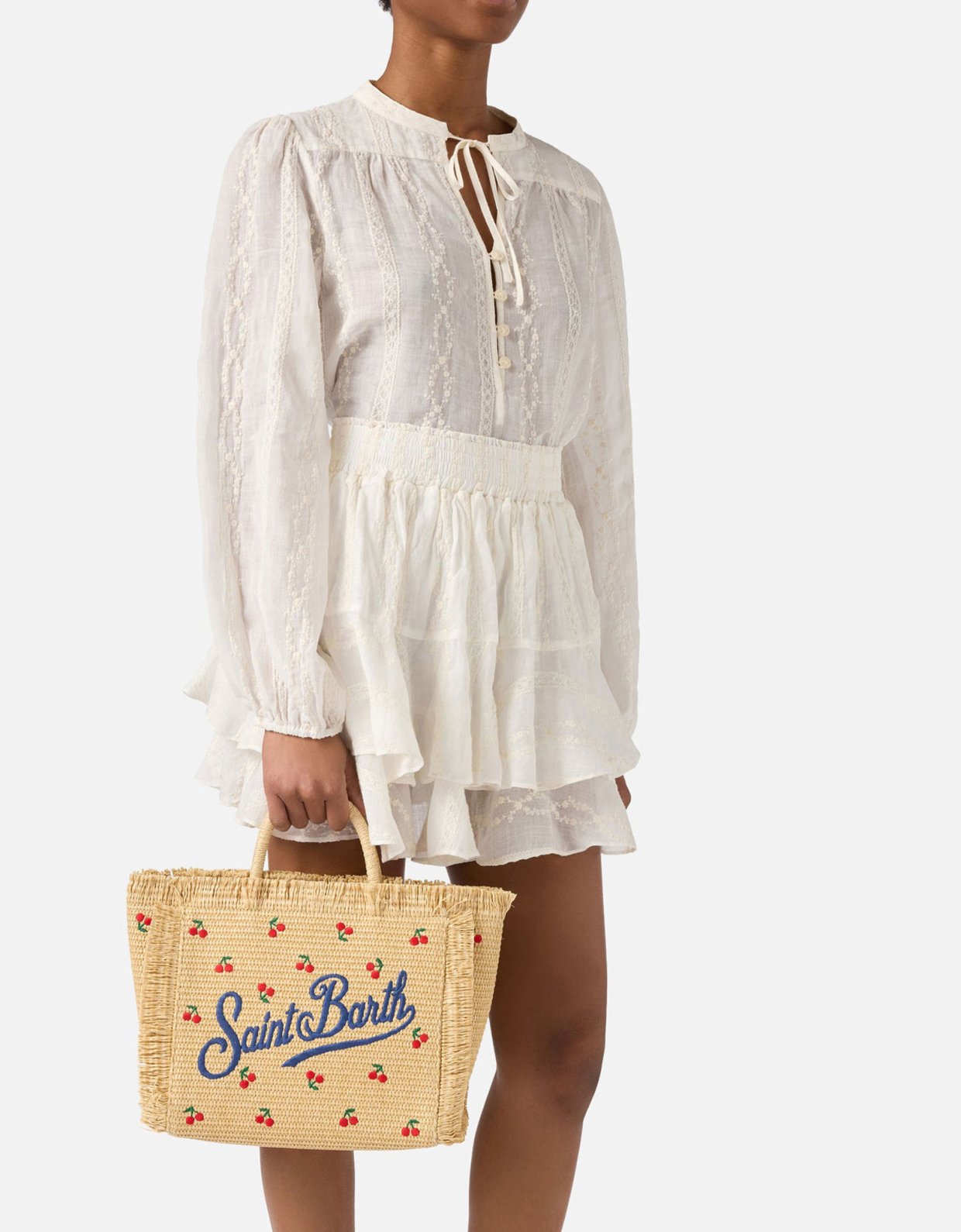 MC2 Saint Barth Colette bag in straw effect fabric with cherry embroidery