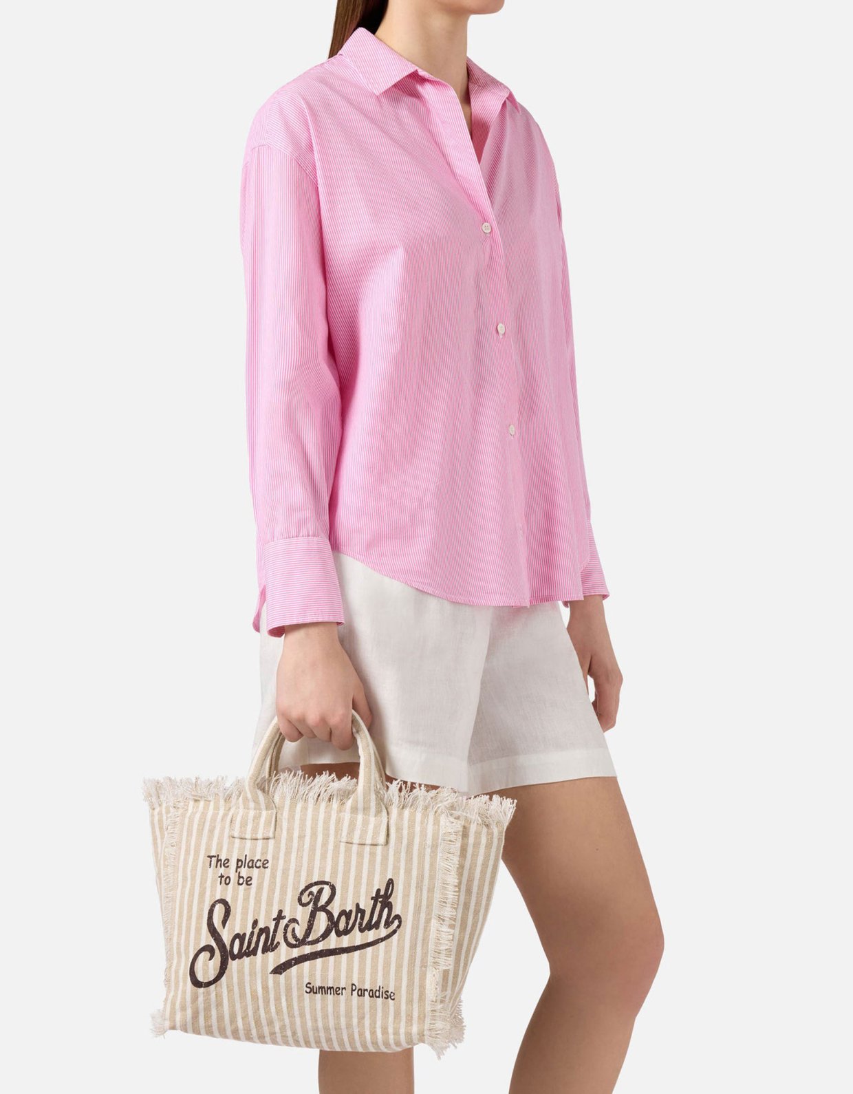 MC2 Saint Barth Colette linen striped bag in beige and white