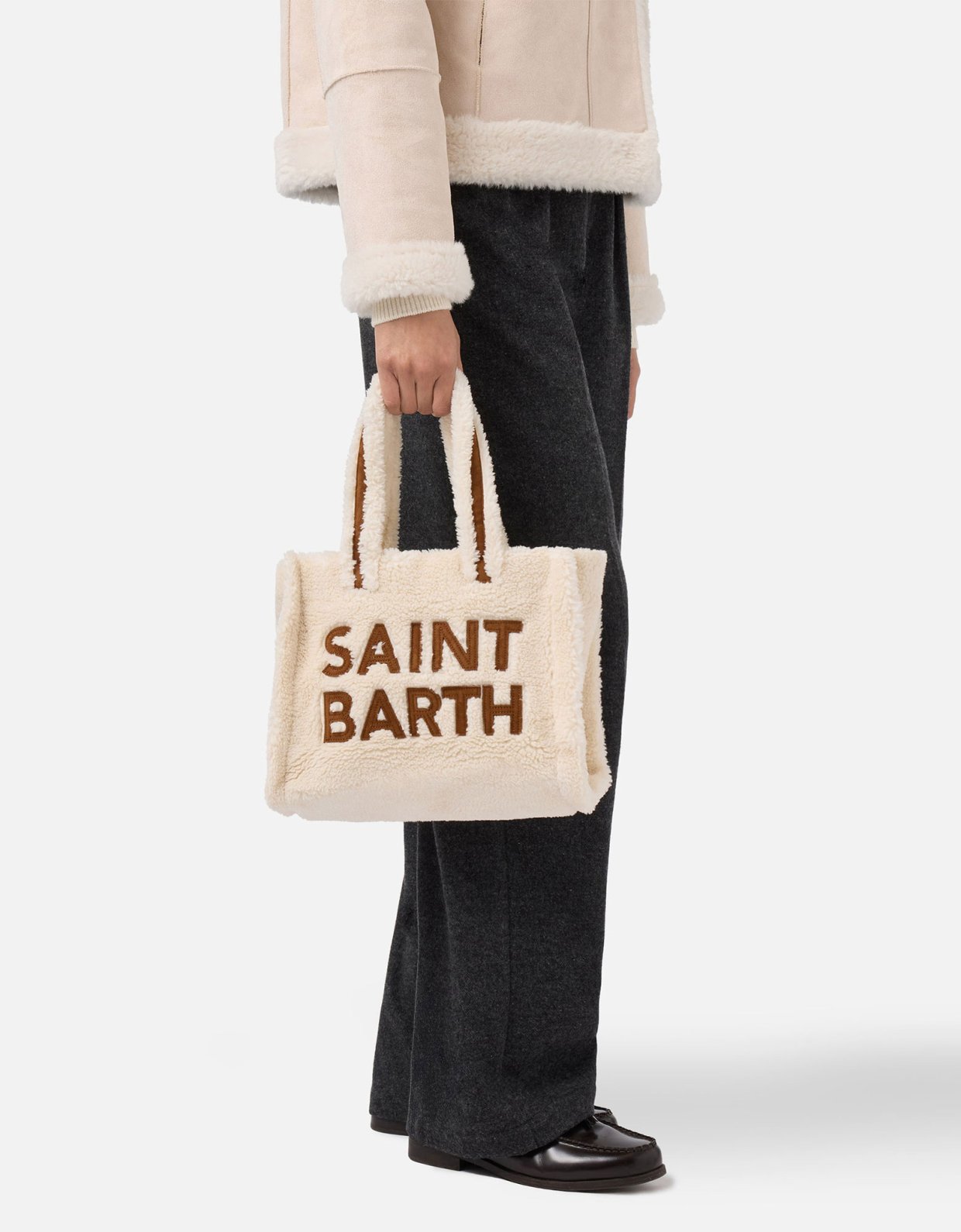 MC2 Saint Barth Colette teddy handbag in white Sherpa with maxi logo