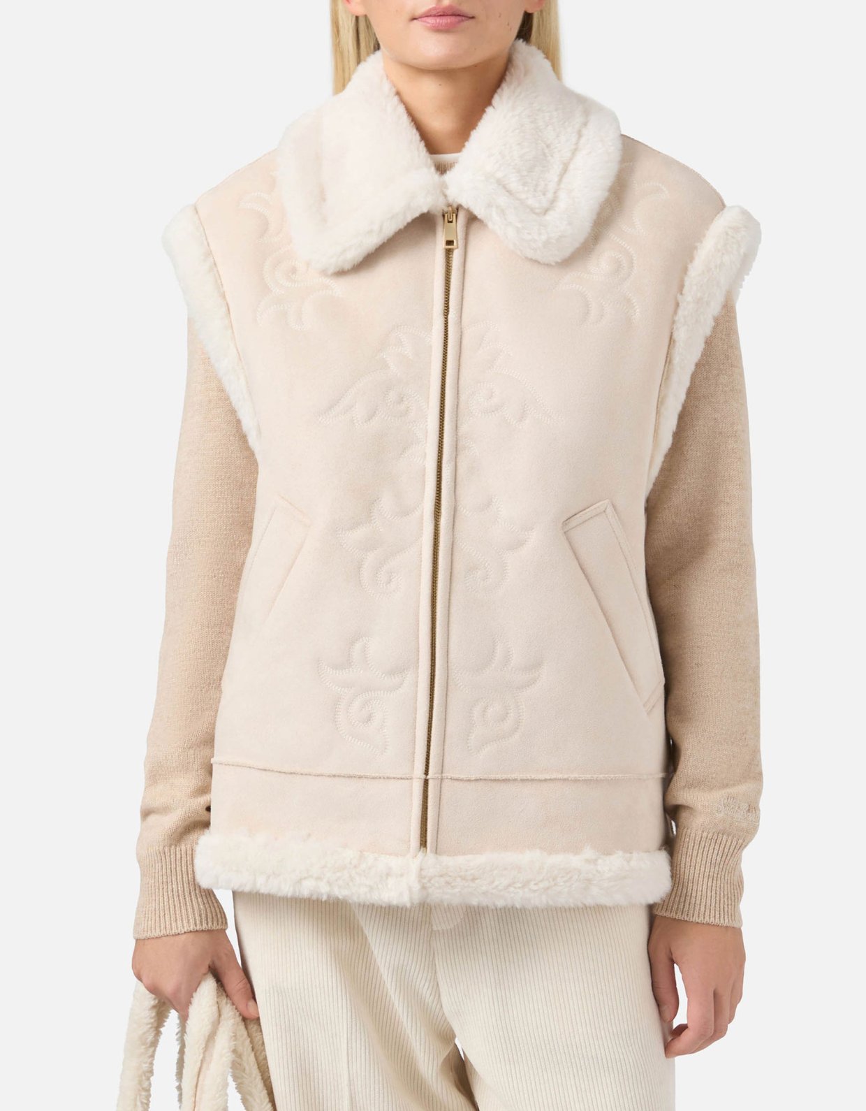 MC2 Saint Barth Hesketh faux-shearling gilet with western embroidery beige