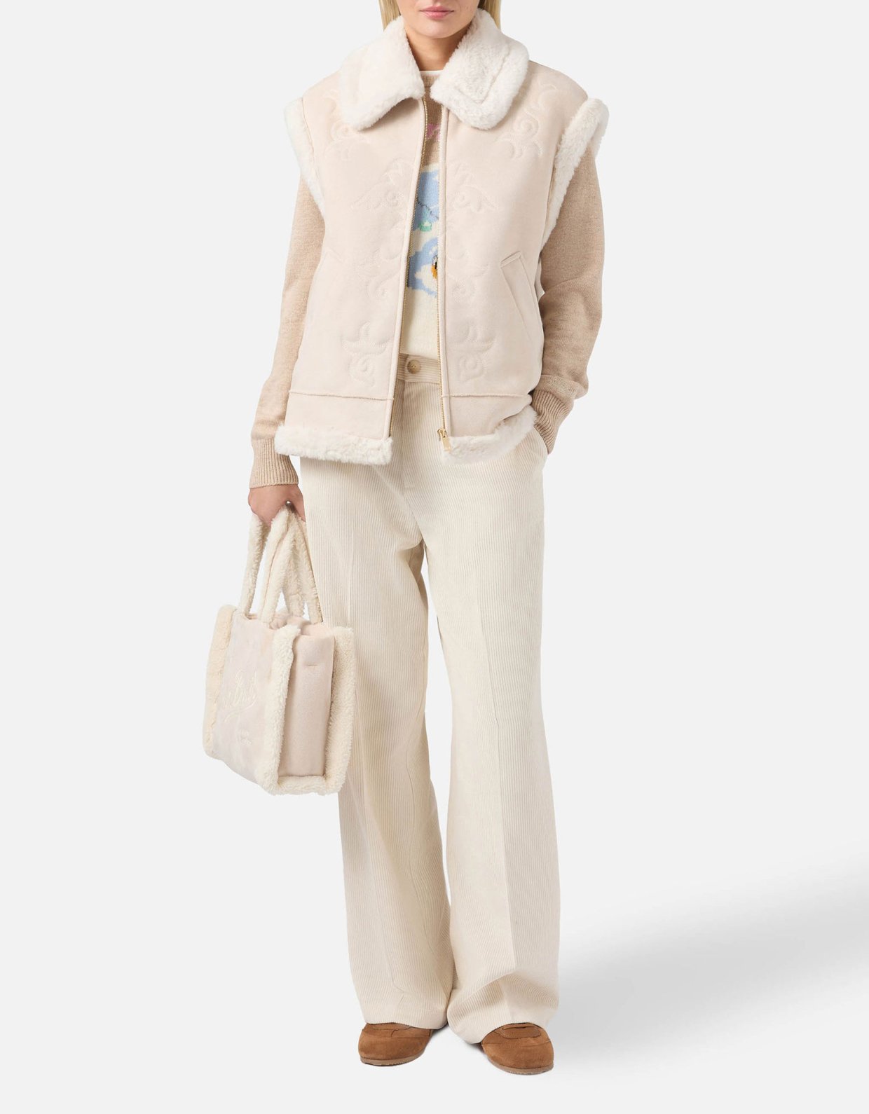 MC2 Saint Barth Hesketh faux-shearling gilet with western embroidery beige