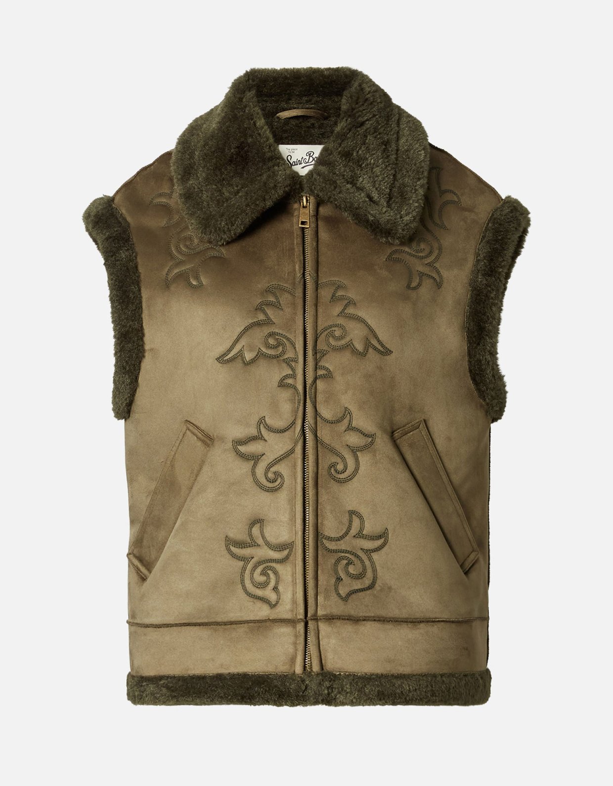 MC2 Saint Barth Hesketh faux-shearling gilet with western embroidery khaki