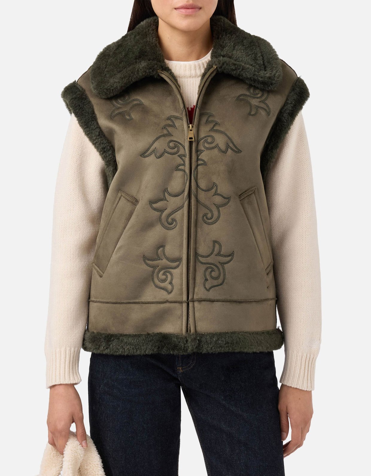 MC2 Saint Barth Hesketh faux-shearling gilet with western embroidery khaki