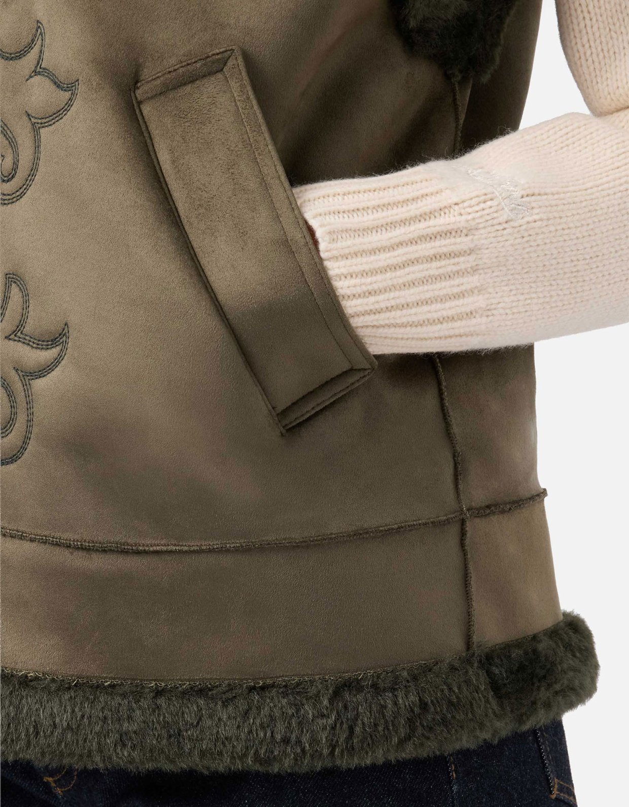 MC2 Saint Barth Hesketh faux-shearling gilet with western embroidery khaki