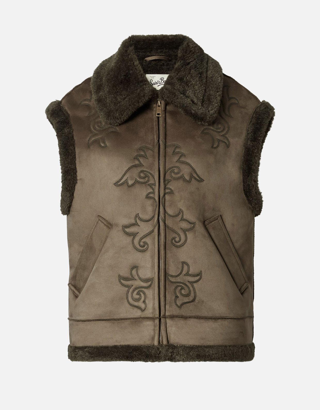 MC2 Saint Barth Hesketh faux-shearling gilet with western embroidery khaki