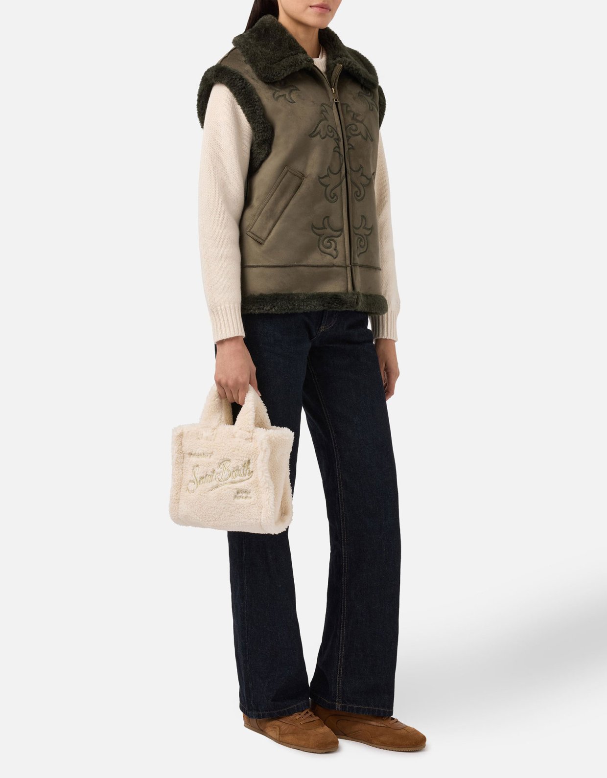 MC2 Saint Barth Hesketh faux-shearling gilet with western embroidery khaki