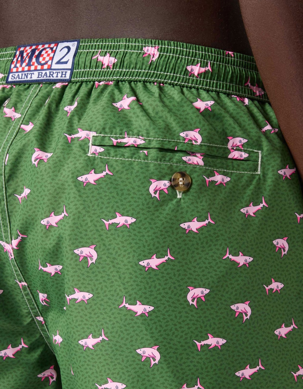MC2 Saint Barth Green lighting micro swim shorts with pink sharks print