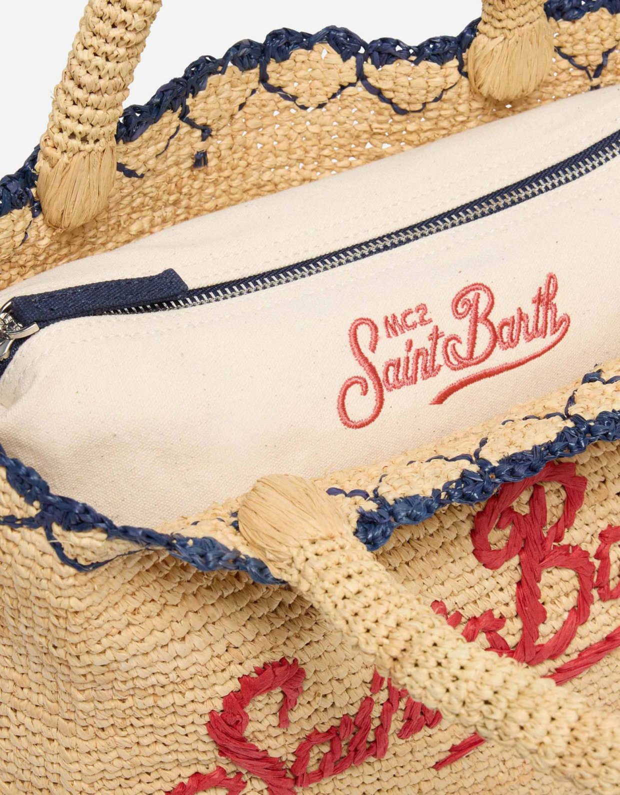 MC2 Saint Barth Beige raffia mid beach bag with cotton pouch and heart border