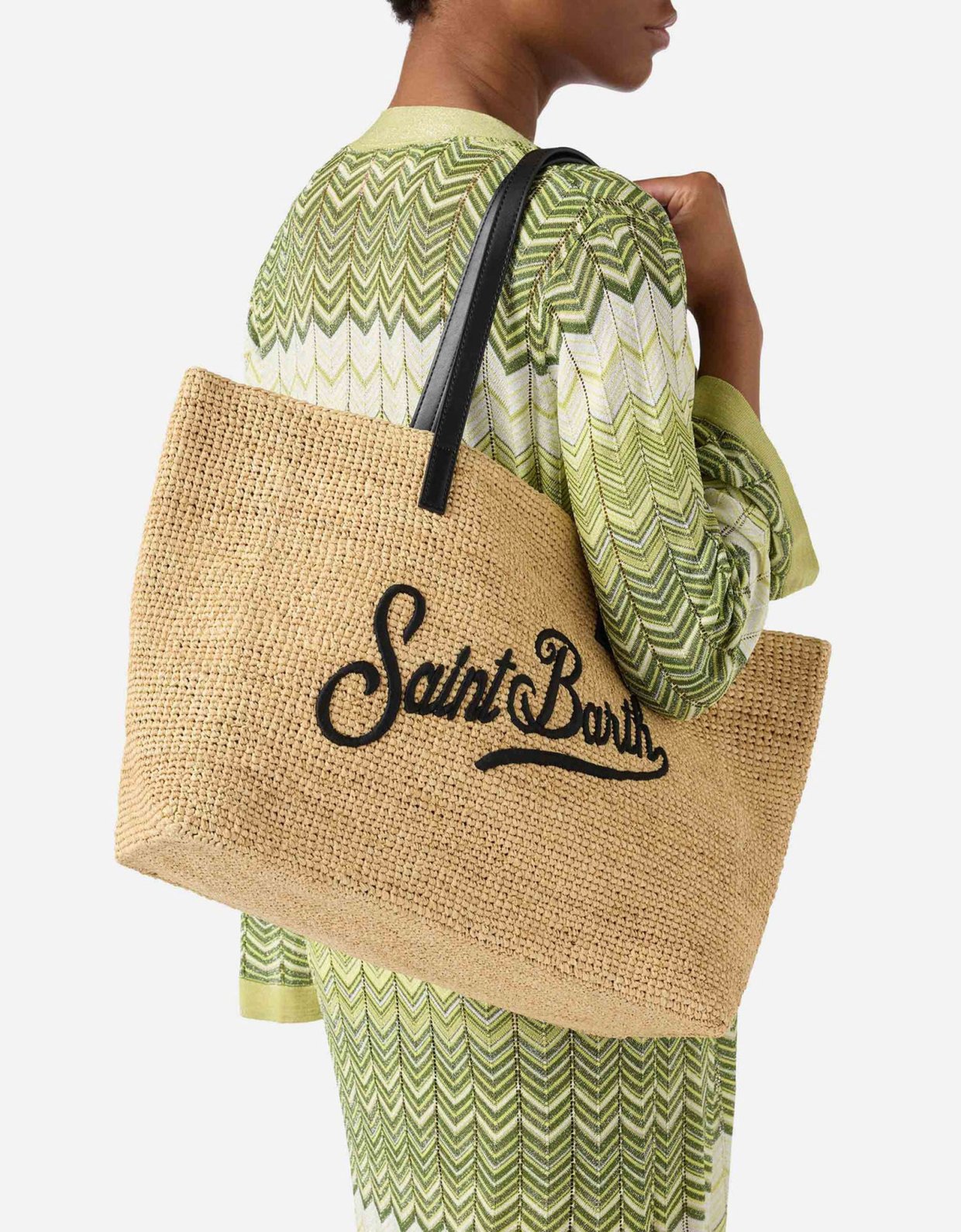 MC2 Saint Barth City raffia bag with contrasting black embroidered logo