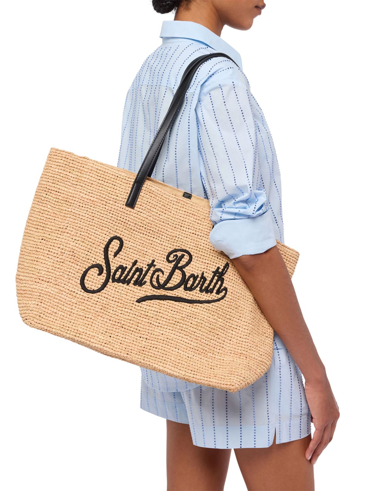 MC2 Saint Barth Beige raffia city bag with Saint Barth embroidered logo