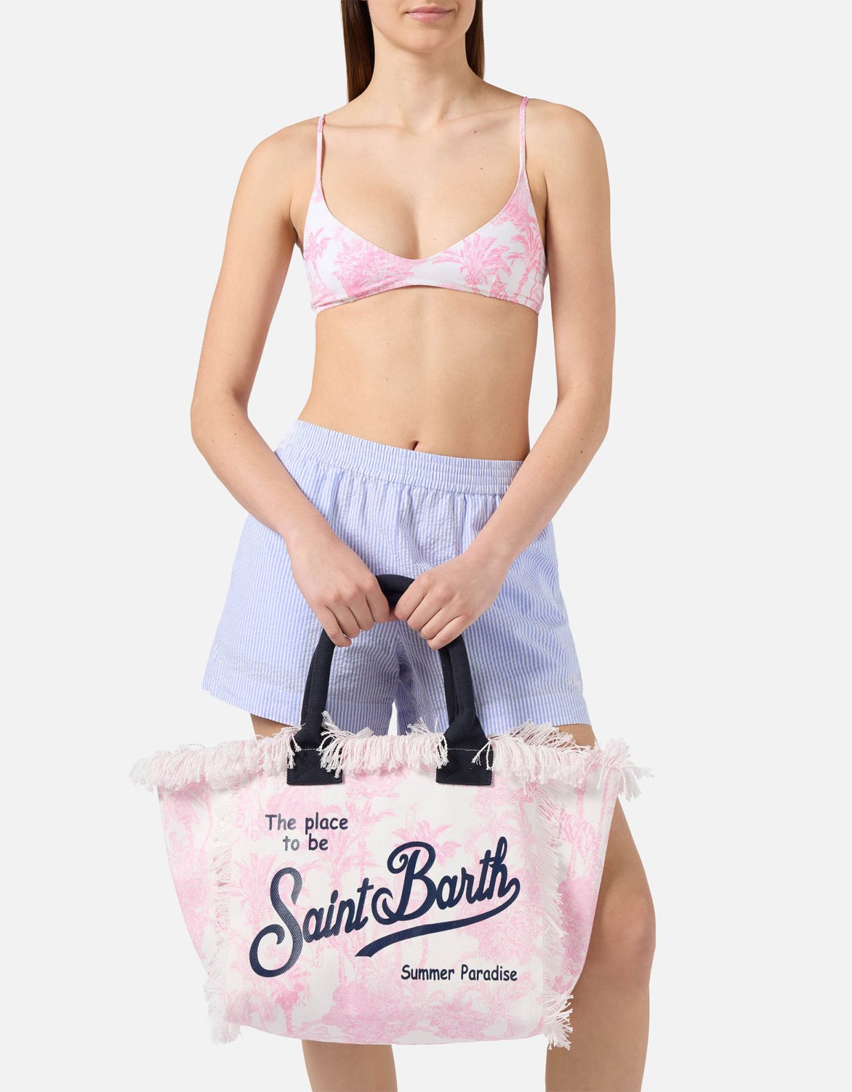MC2 Saint Barth Regular vanity canvas bag with pink toile de jouy print