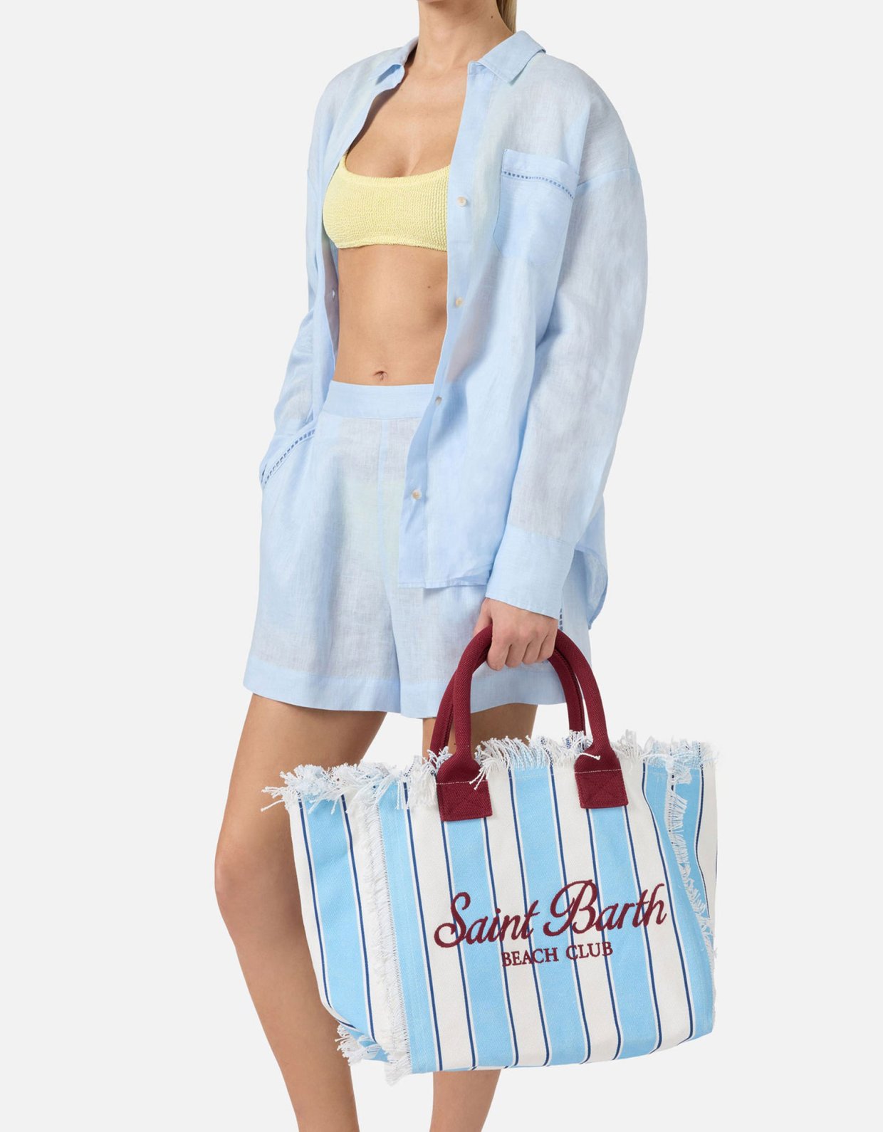 MC2 Saint Barth Canvas vanity regular bag with light blue stripes and Bordeaux details