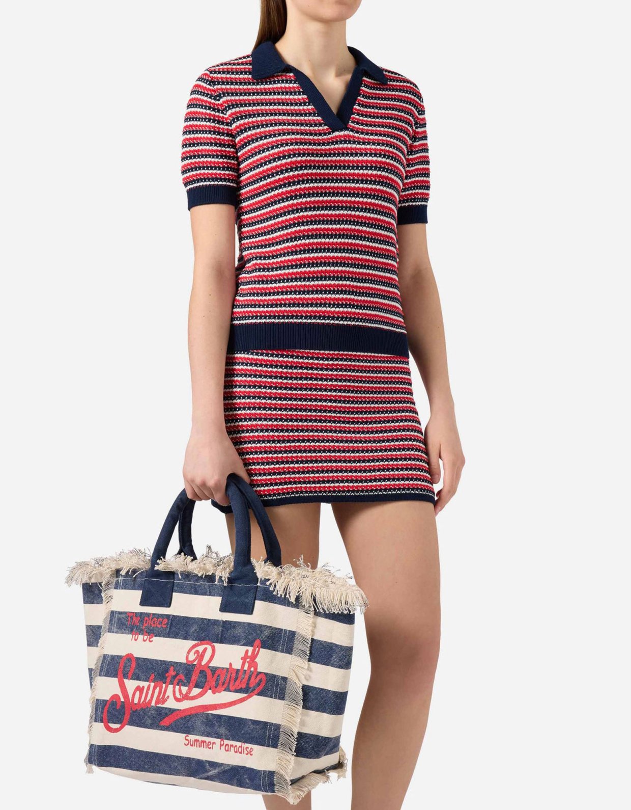 MC2 Saint Barth Blue canvas vanity regular bag with horizontal stripes