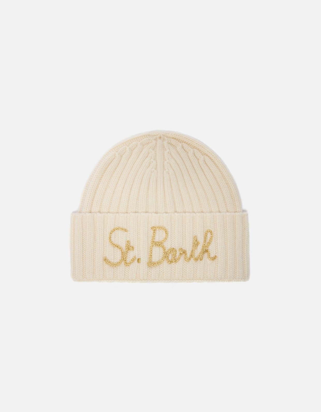 MC2 Saint Barth Cashmere blended wengen beanie in white with lurex St. Barth embroidery