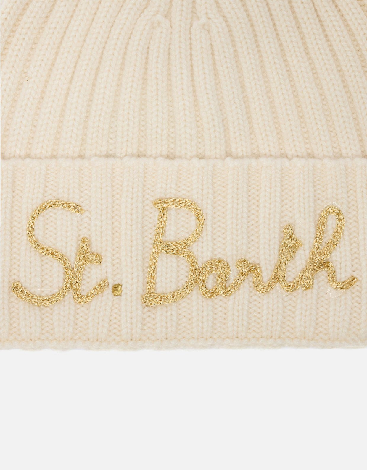 MC2 Saint Barth Cashmere blended wengen beanie in white with lurex St. Barth embroidery